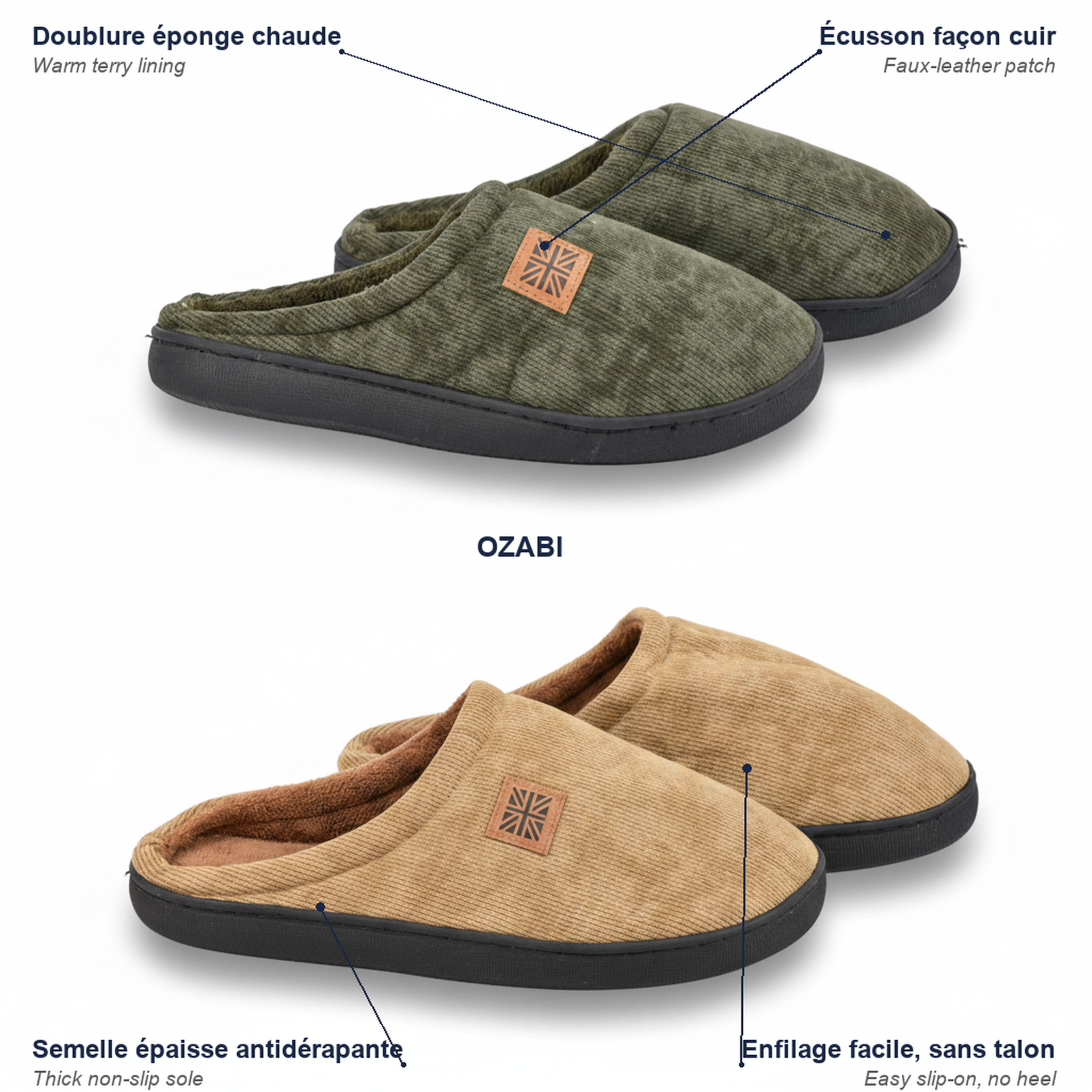 Voir la diapositive 5 : OZABI Ozabi pack 2 paires mules homme velours côtelé doublure éponge
