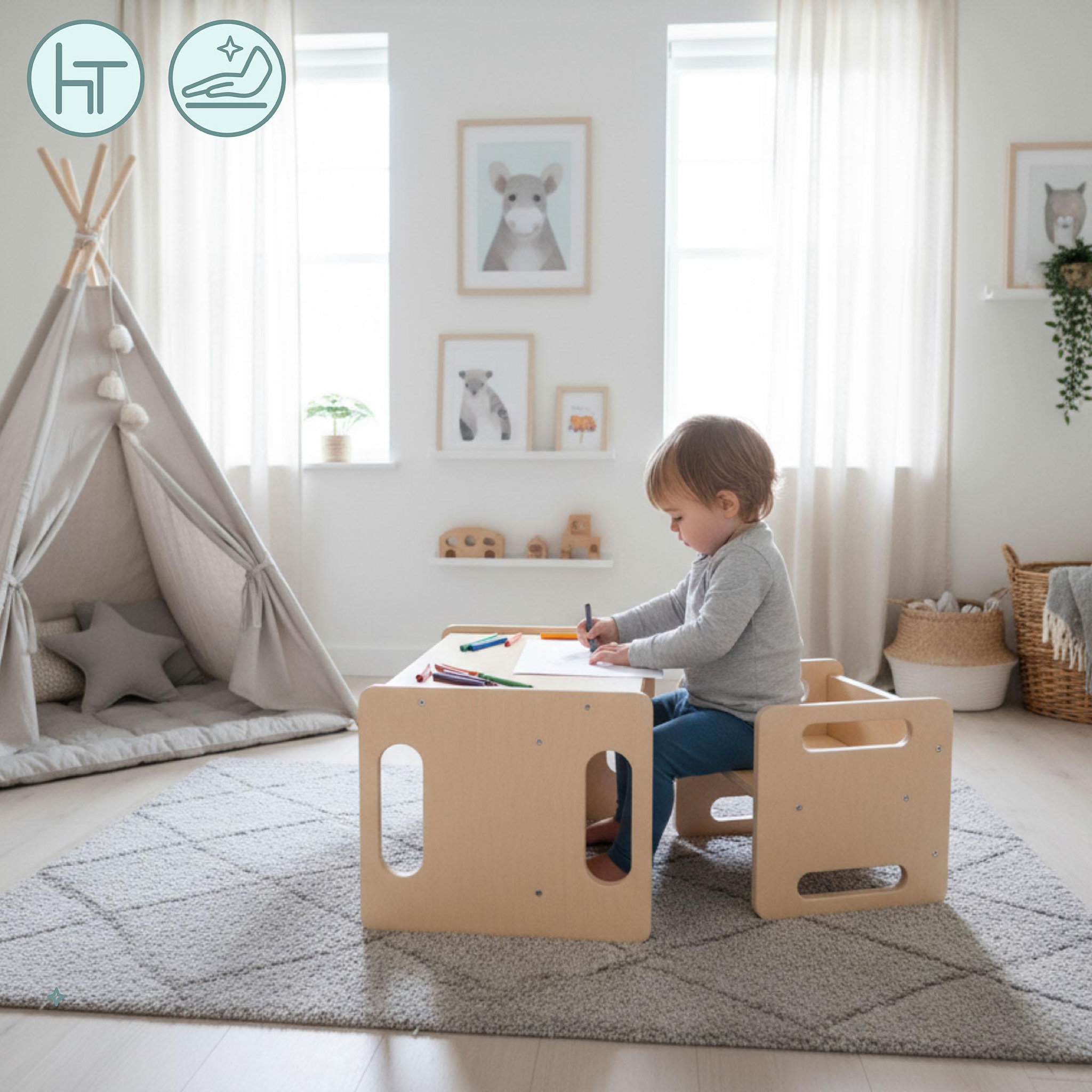 Voir la diapositive 2 : MAMABRUM Ensemble Montessori Mamabrum table et chaise évolutives 6-en-1 en bois naturels-