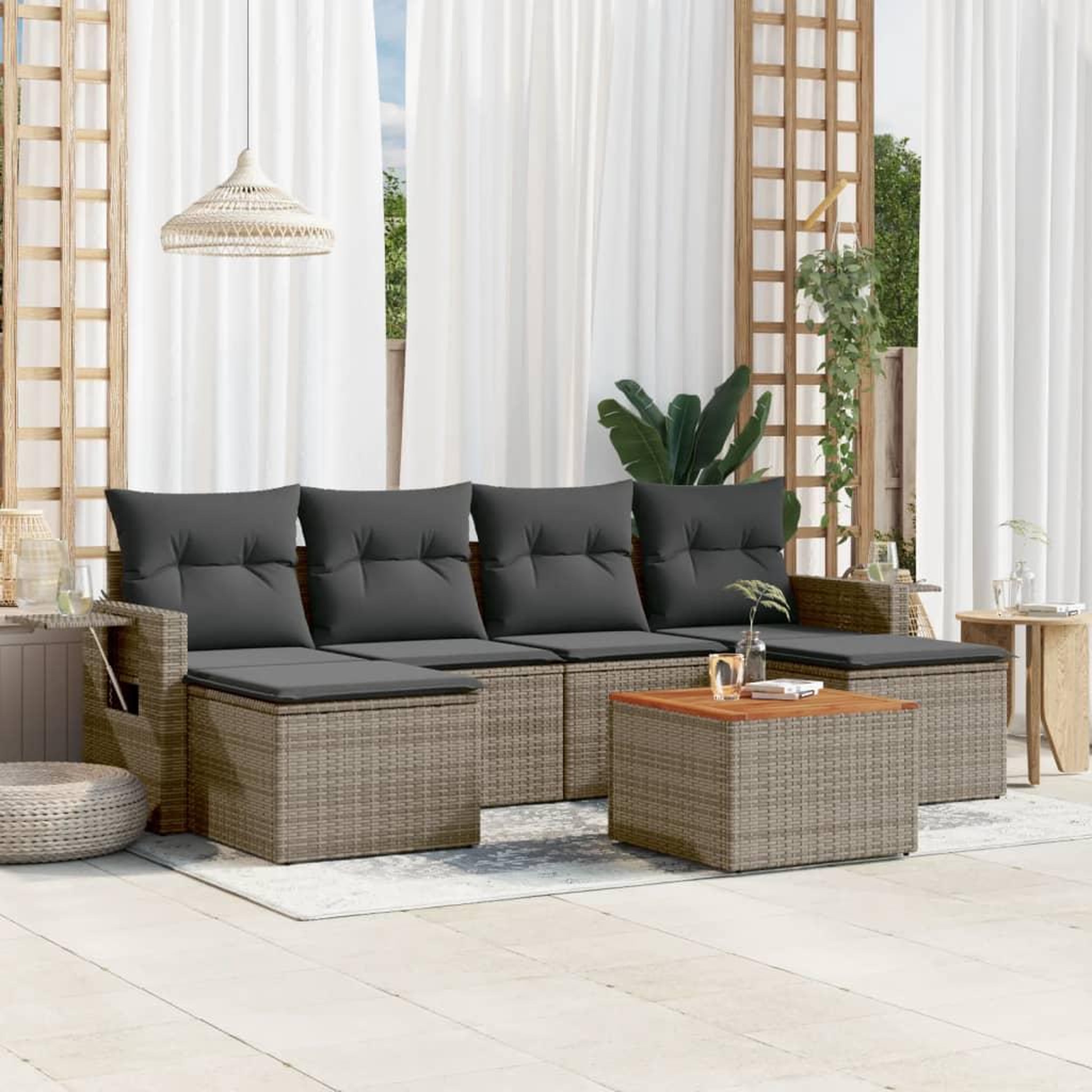VIDAXL Salon de jardin avec coussins 7 pcs gris resine tressee