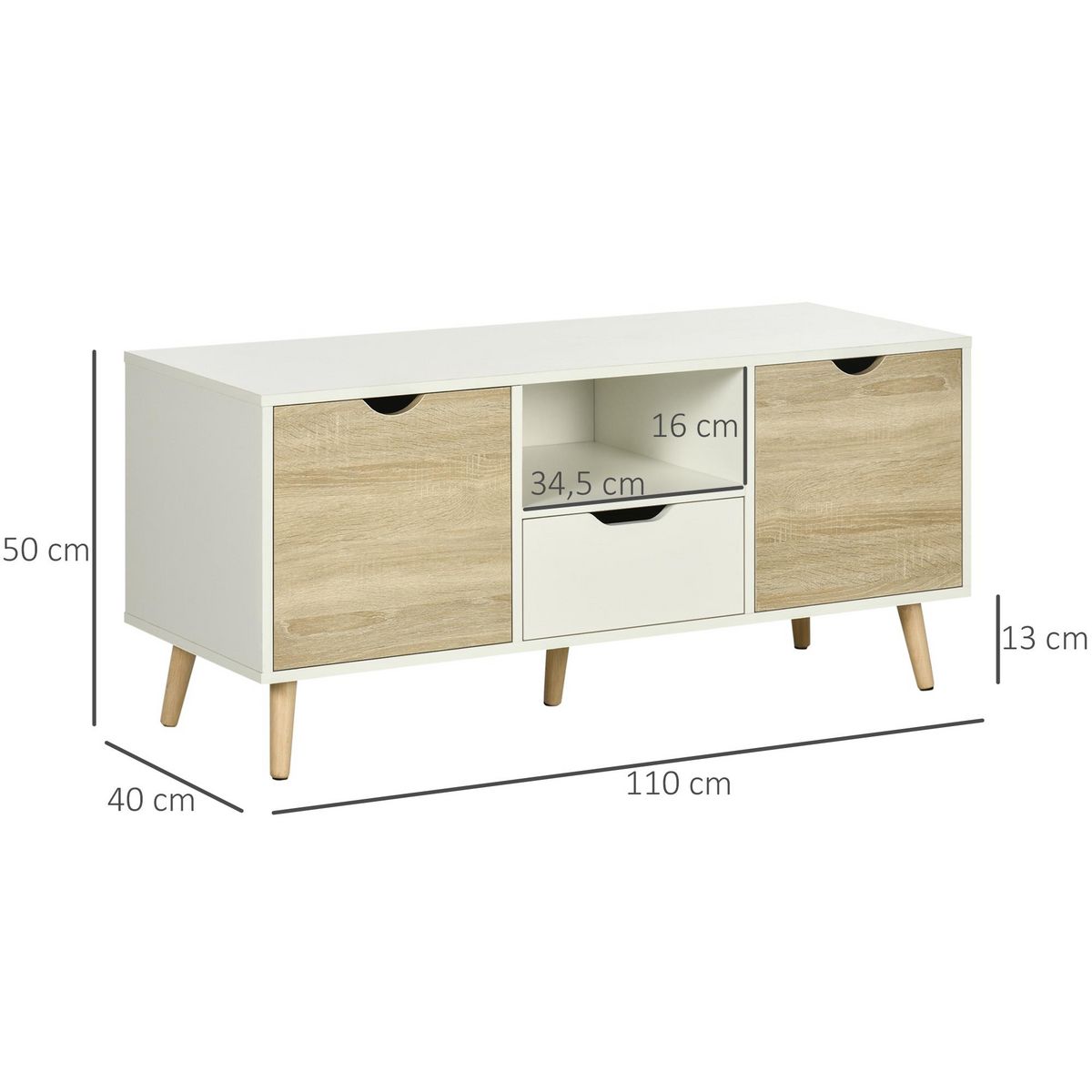 HOMCOM Meuble TV banc TV style scandinave 2 portes tiroir niche piètement bois de pin panneaux blanc aspect chêne clair