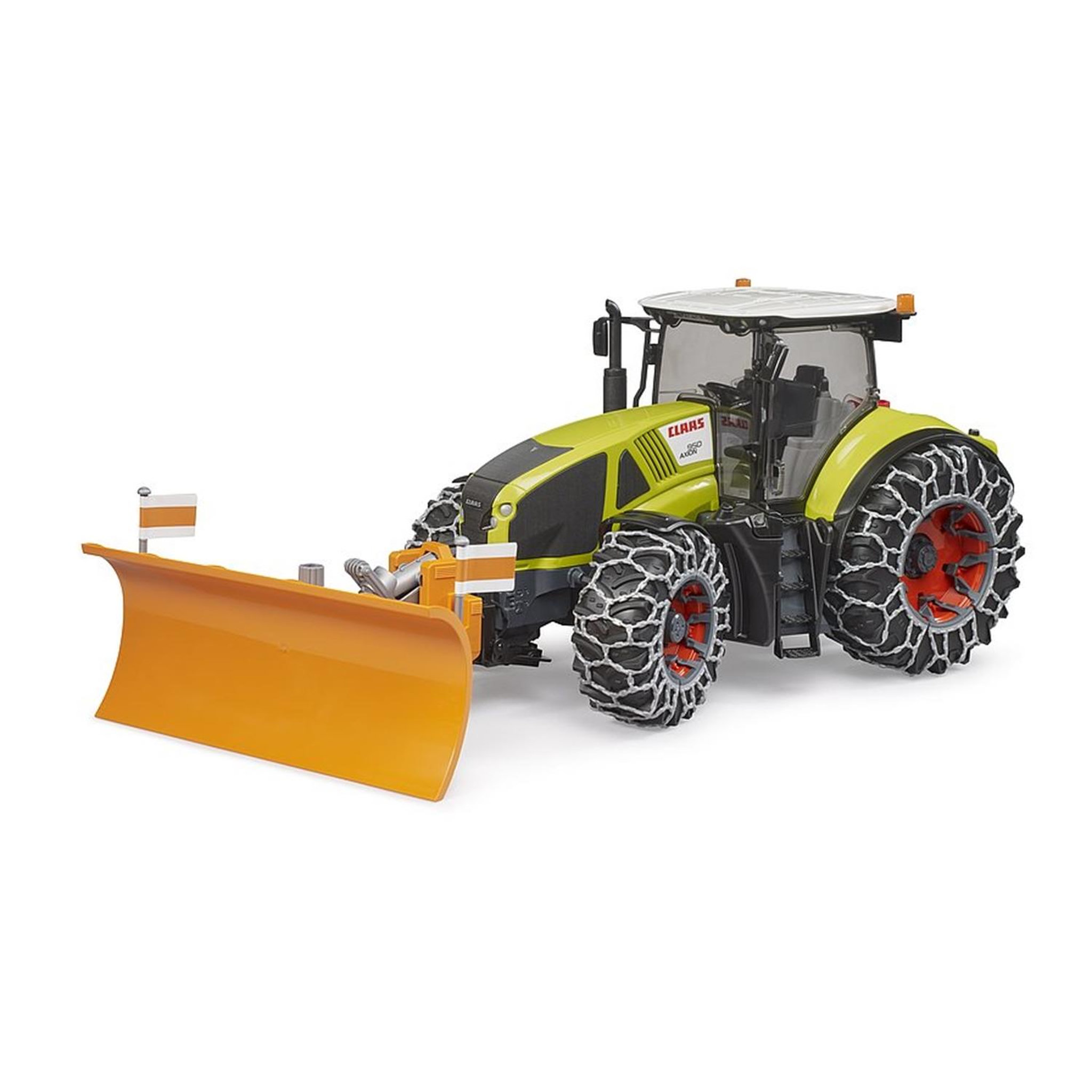 Bruder Claas Axion 950 avec chaînes à neige et lame de niveleuse