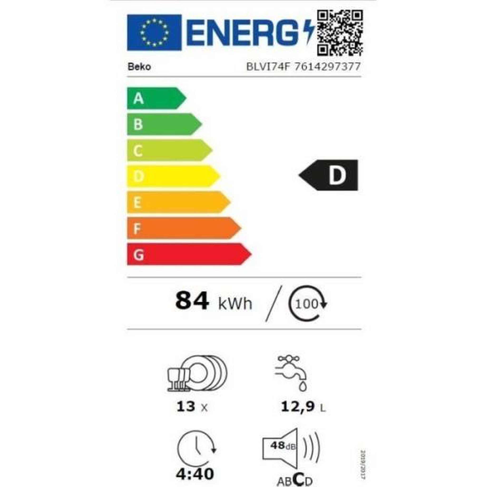 Voir la diapositive 4 : Beko Lave-vaisselle tout encastrable beko blvi74f - 13 couverts - 48 db