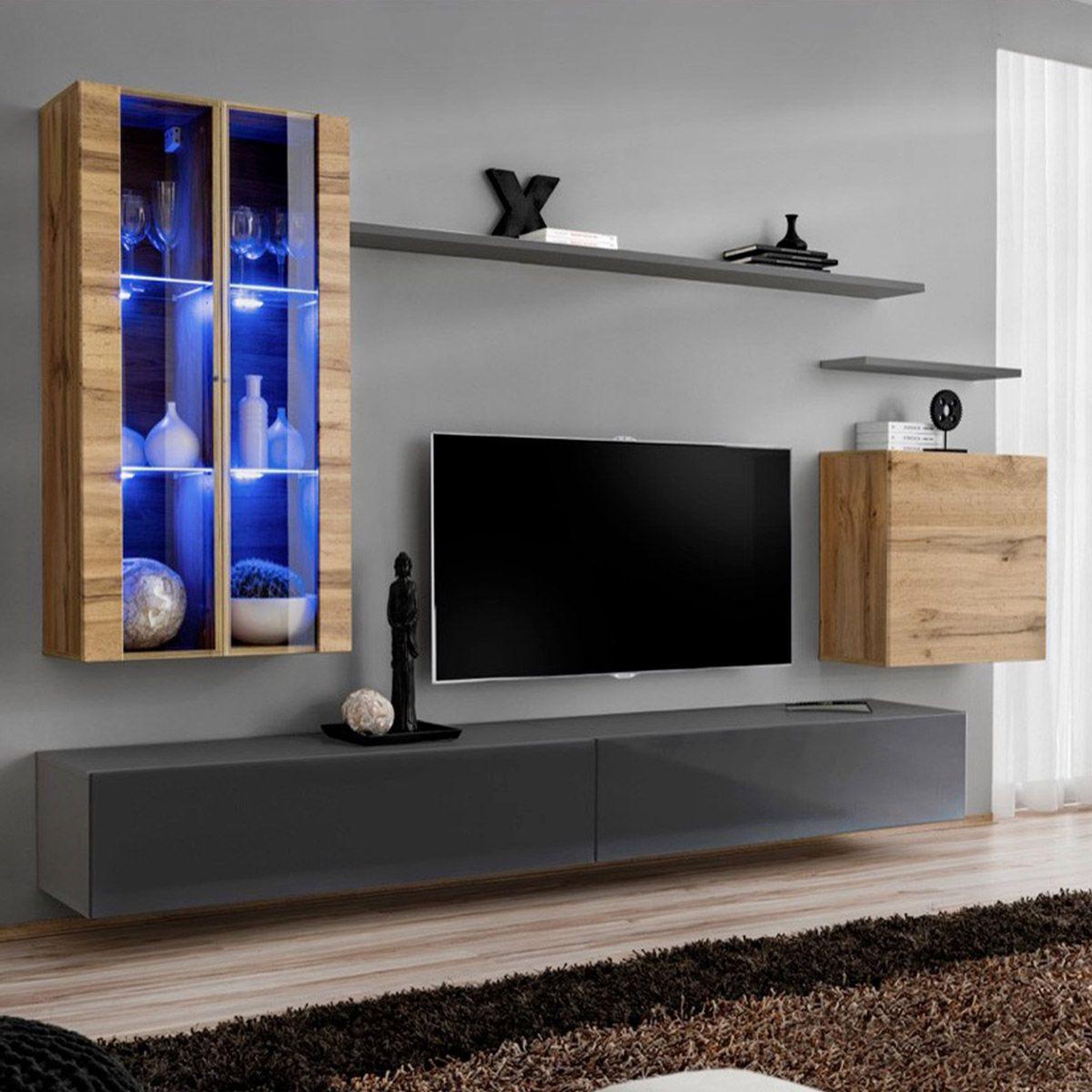 Voir la diapositive 1 : Paris Prix Meuble TV Mural Design  Switch XII  270cm Naturel & Gris