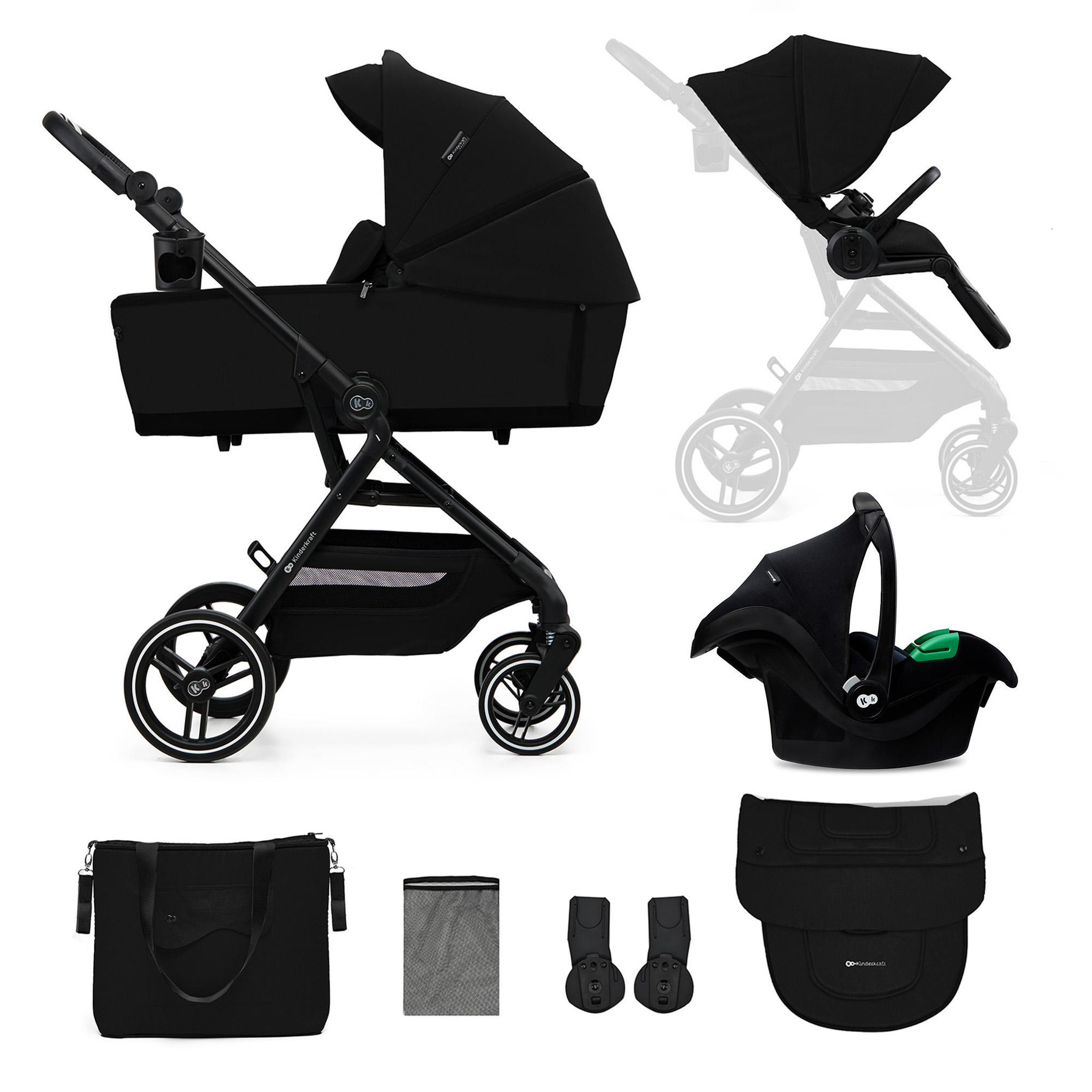 Voir la diapositive 1 : KINDERKRAFT Poussette 3 en 1 avec nacelle YOXI, roues anti-crevaison et accessoires