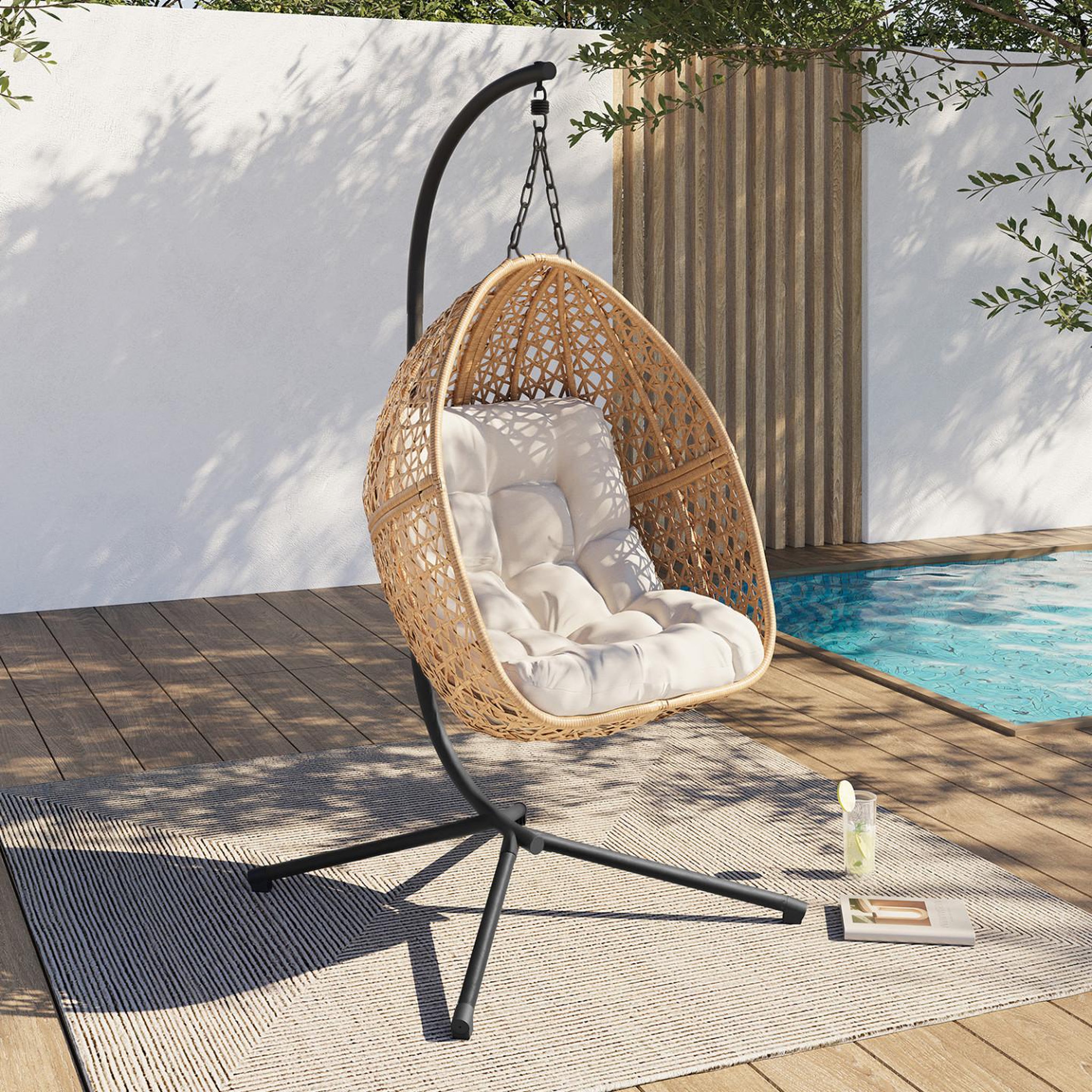 Voir la diapositive 2 : ID MARKET Fauteuil lune suspendu ajouré effet rotin avec coussin écru