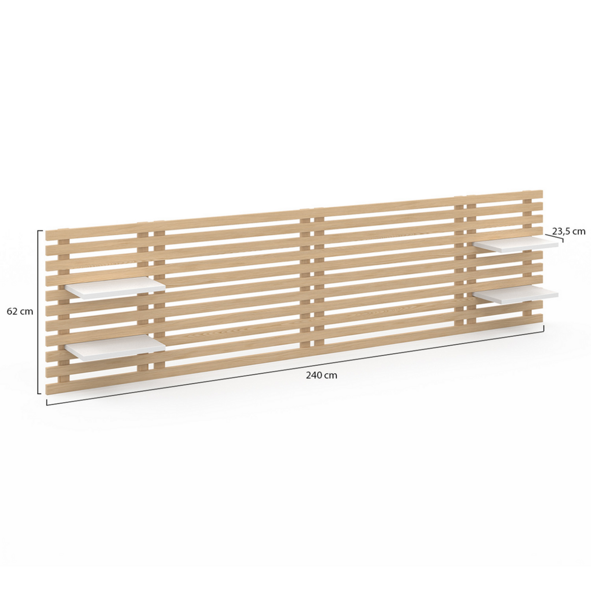 ID MARKET Tête de lit suspendue en lattes AVA 240 cm bois clair et étagères blanches