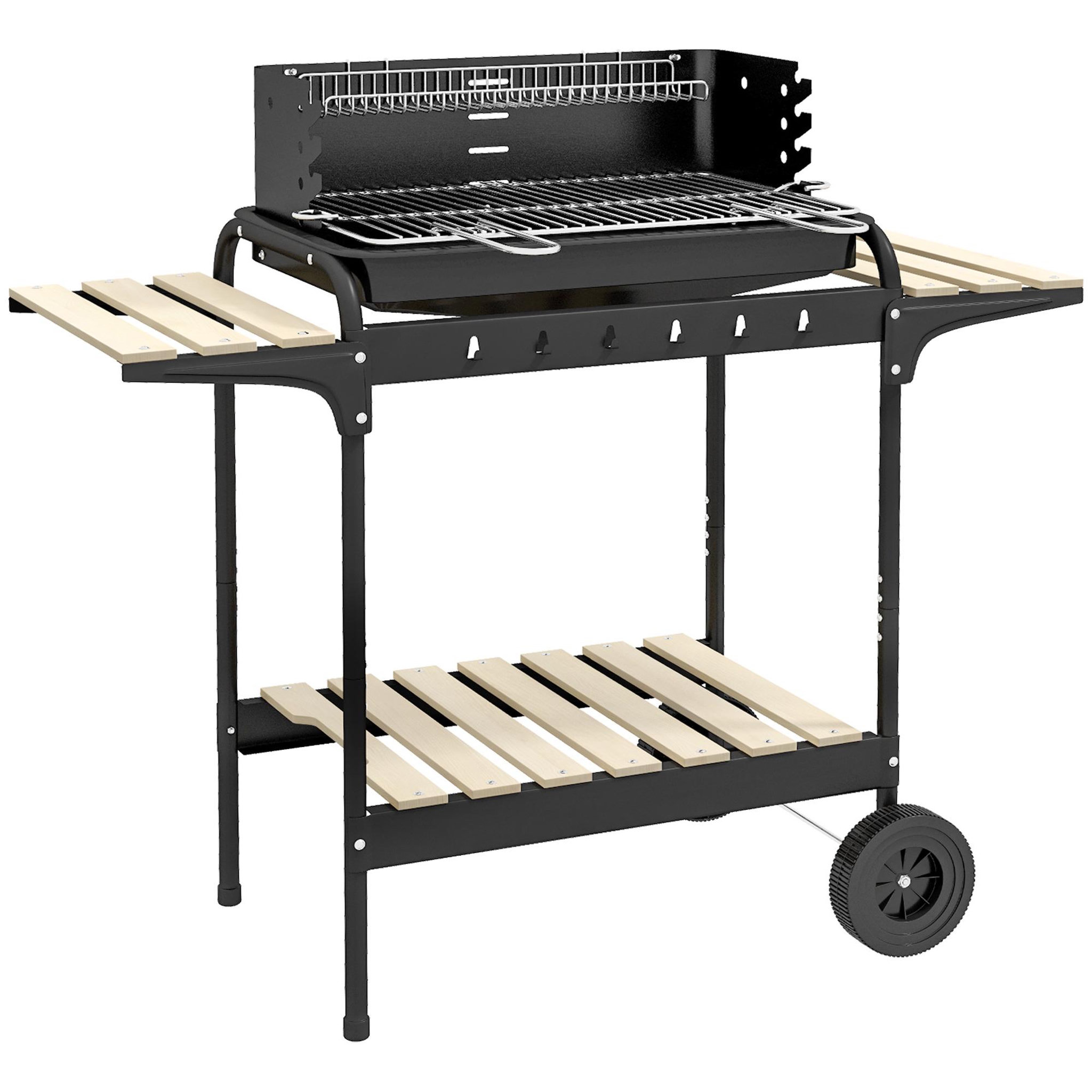 Voir la diapositive 1 : OUTSUNNY Barbecue à charbon sur pied grille réglable 2 roues 3 étagères récupérateur de cendres noir