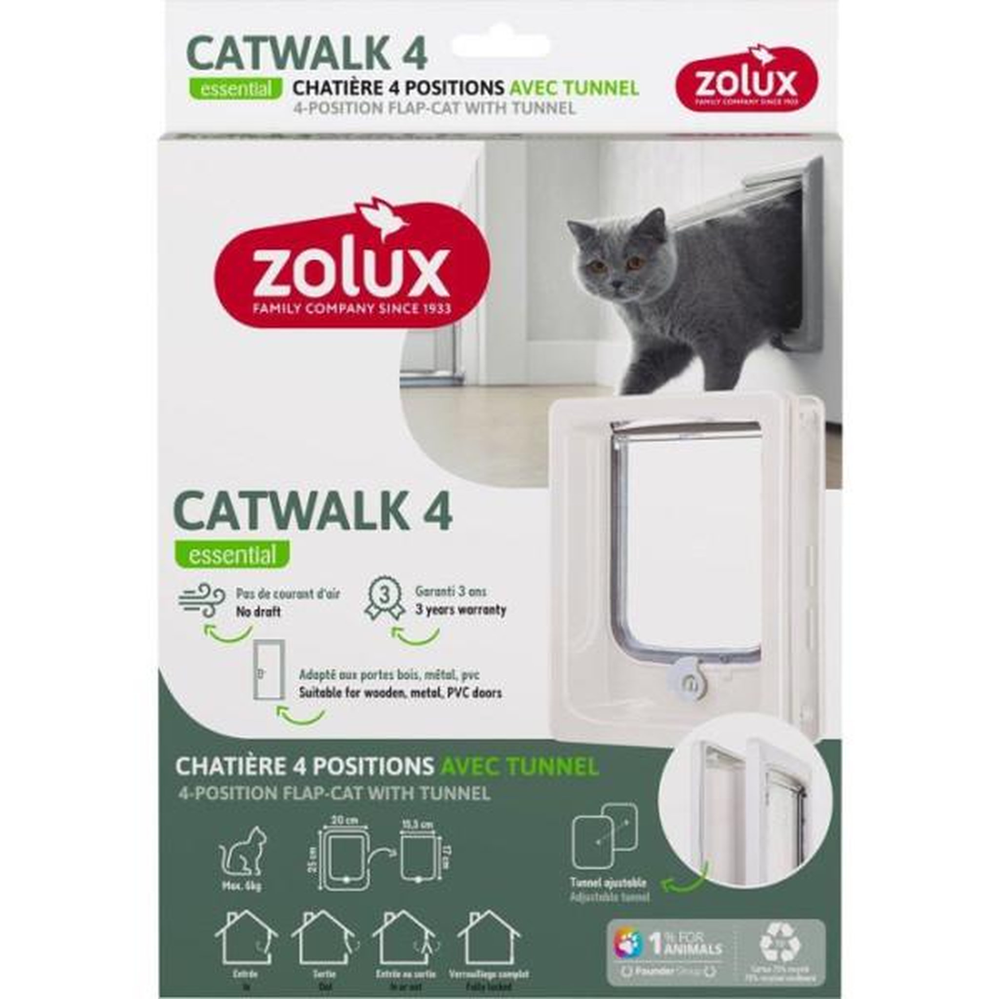 Voir la diapositive 2 : Zolux Chatiere 4 positions avec tunnel - zolux - l20 x h25 cm - pour porte bois, pvc, métal - catwalk - blanc