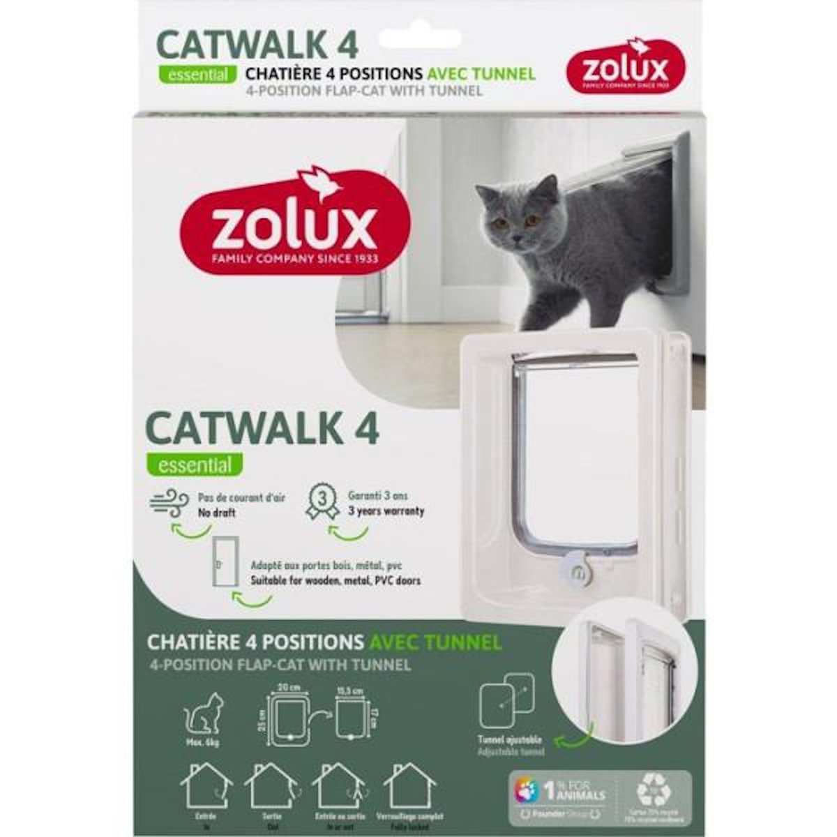 Zolux Chatiere 4 positions avec tunnel - ZOLUX - L20 x H25 cm - Pour porte bois, PVC, métal - Catwalk - Blanc