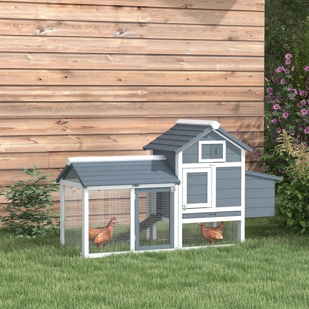 PAWHUT Poulailler cottage cage à poules sur pied dim. 151L x 54l x 87H cm multi-équipement bois pin blanc