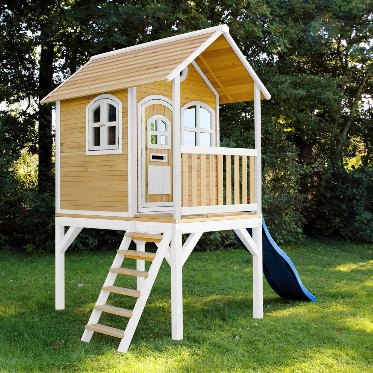 Axi House Maisonnette Sophie marron-blanc toboggan bleu