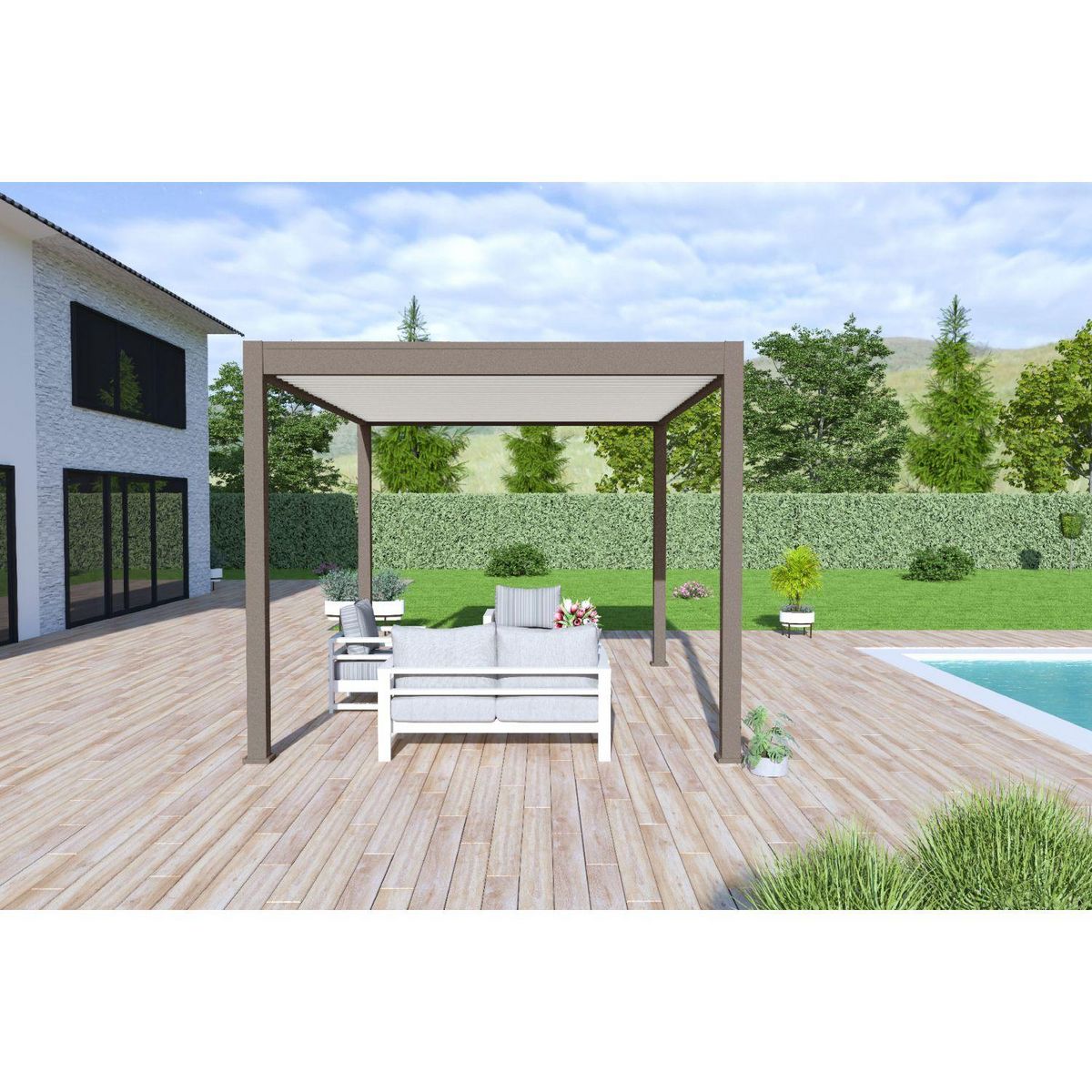 Pergola Bioclimatique autoportée 3x4 m - Aluminium - Taupe/blanc -  VS OmBREA®