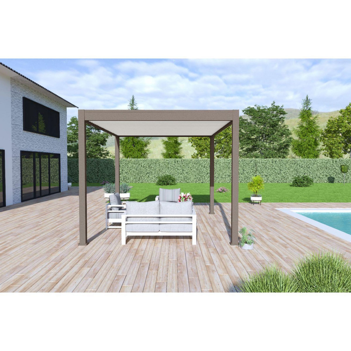 Pergola Bioclimatique autoportée 3x4 m - Aluminium - Taupe/blanc -  VS OmBREA®