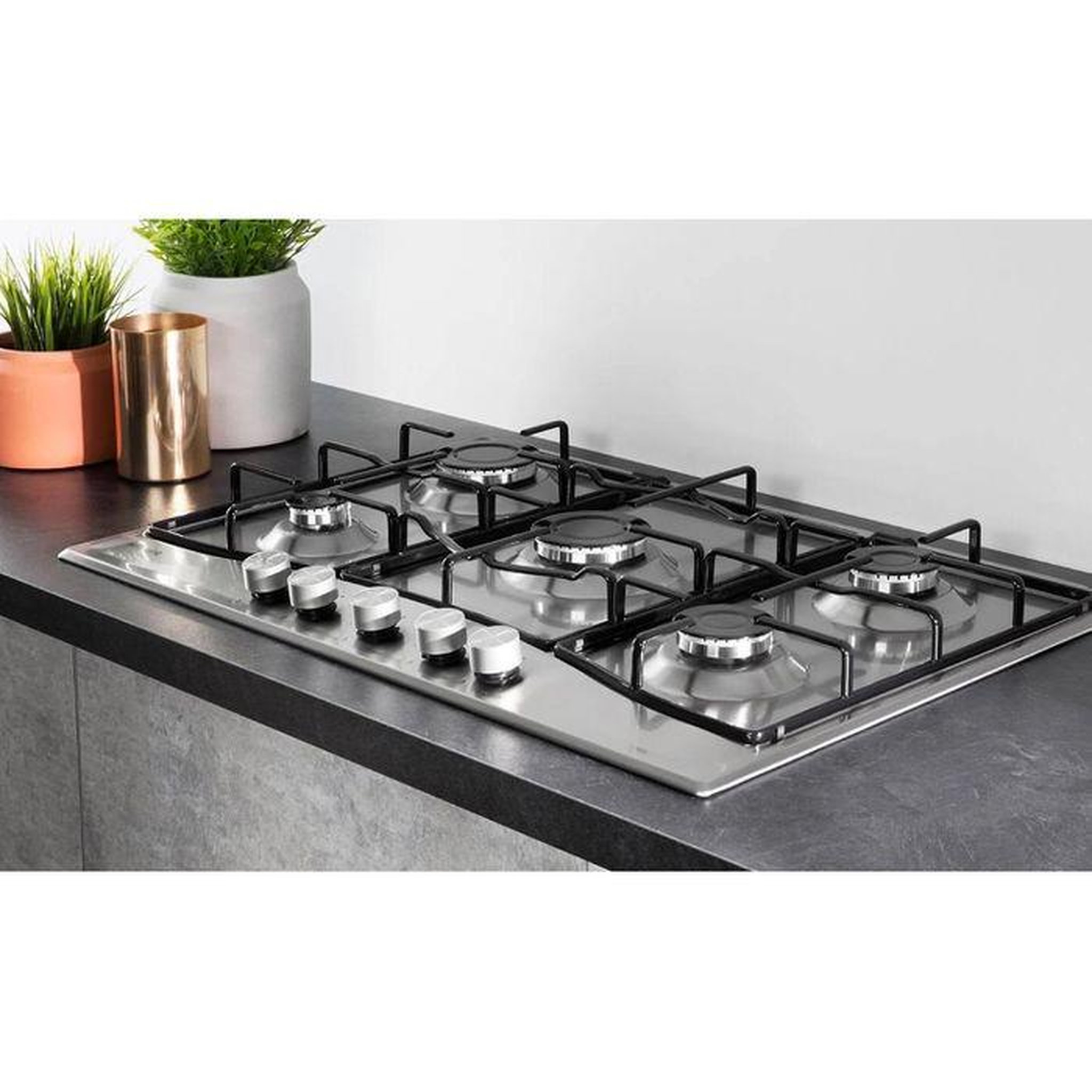 Voir la diapositive 3 : HOTPOINT Plaque gaz 5 foyers 10,5kW 75x51 cm inox – Hotpoint PNN751IX