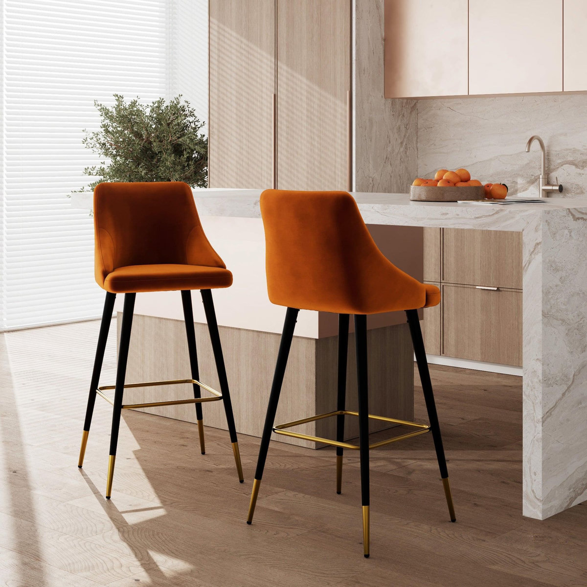 Rendez vous déco Lot de 2 chaises de bar en velours orange 78 cm-Aristote