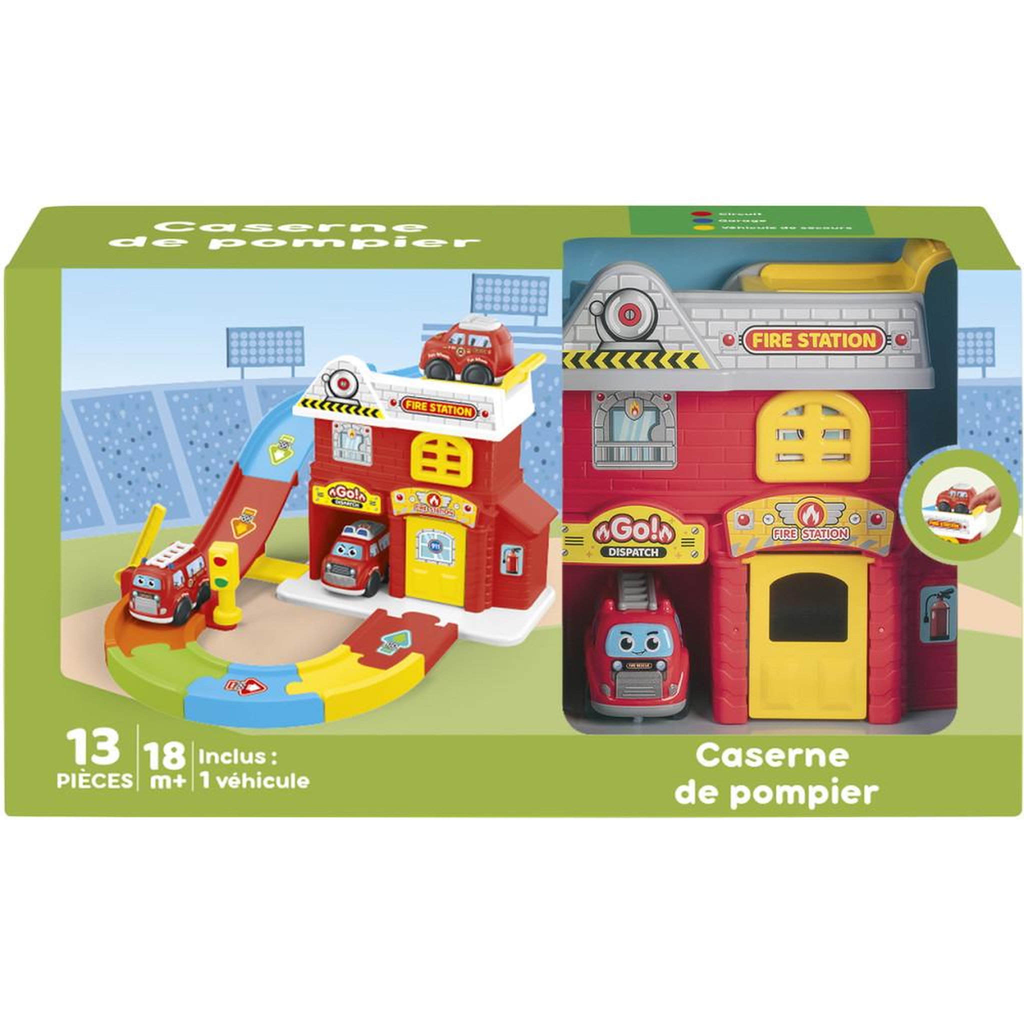 Set caserne de pompiers avec 1 véhicule camion rouge et accessoires, bâtiment rouge et jaune, pièces pour jeux de rôle