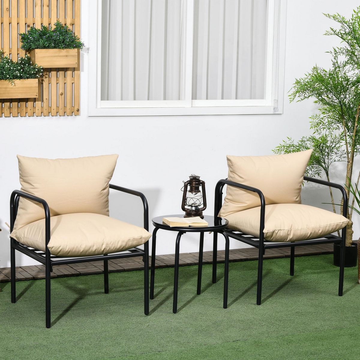 OUTSUNNY Ensemble salon de jardin 2 places 3 pièces avec coussins beige