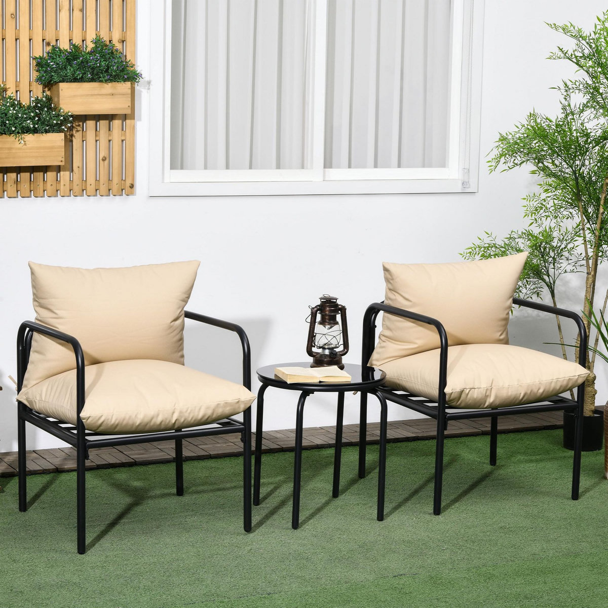 OUTSUNNY Ensemble salon de jardin 2 places 3 pièces avec coussins beige