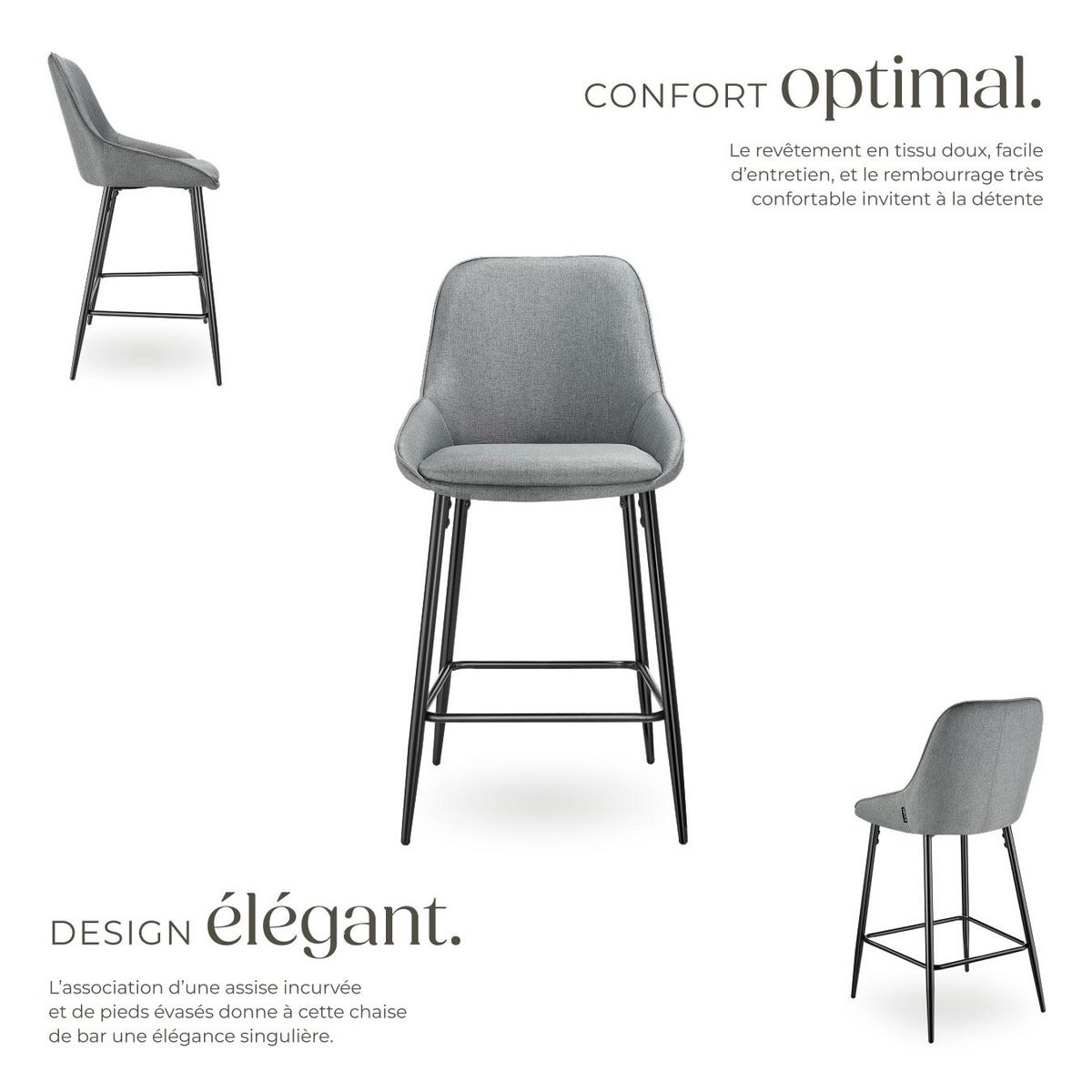 tectake Chaise de bar rembourrée avec une housse douce Tissu gris/noir Ensemble de 6 pièces