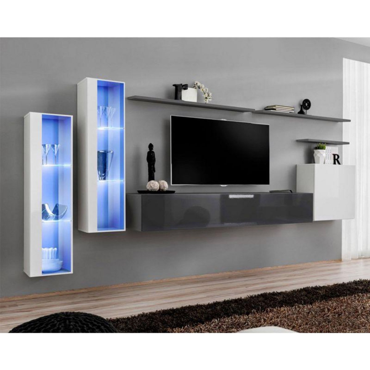 Paris Prix Meuble TV Mural Design  Switch XI  330cm Blanc & Gris
