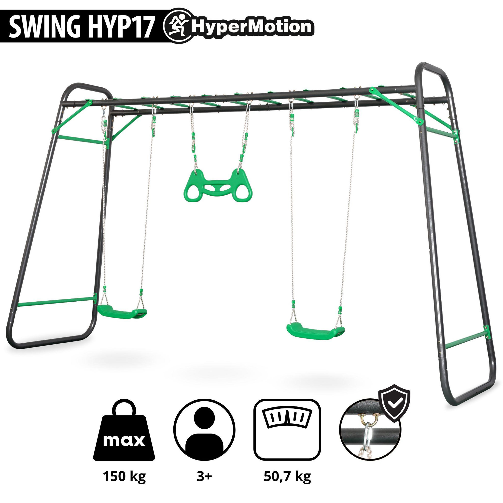 Voir la diapositive 4 : HYPERMOTION Aire de Jeux Jardin XXL HyperMotion - Portique Acier 2 Sièges, Échelle & Trapèze