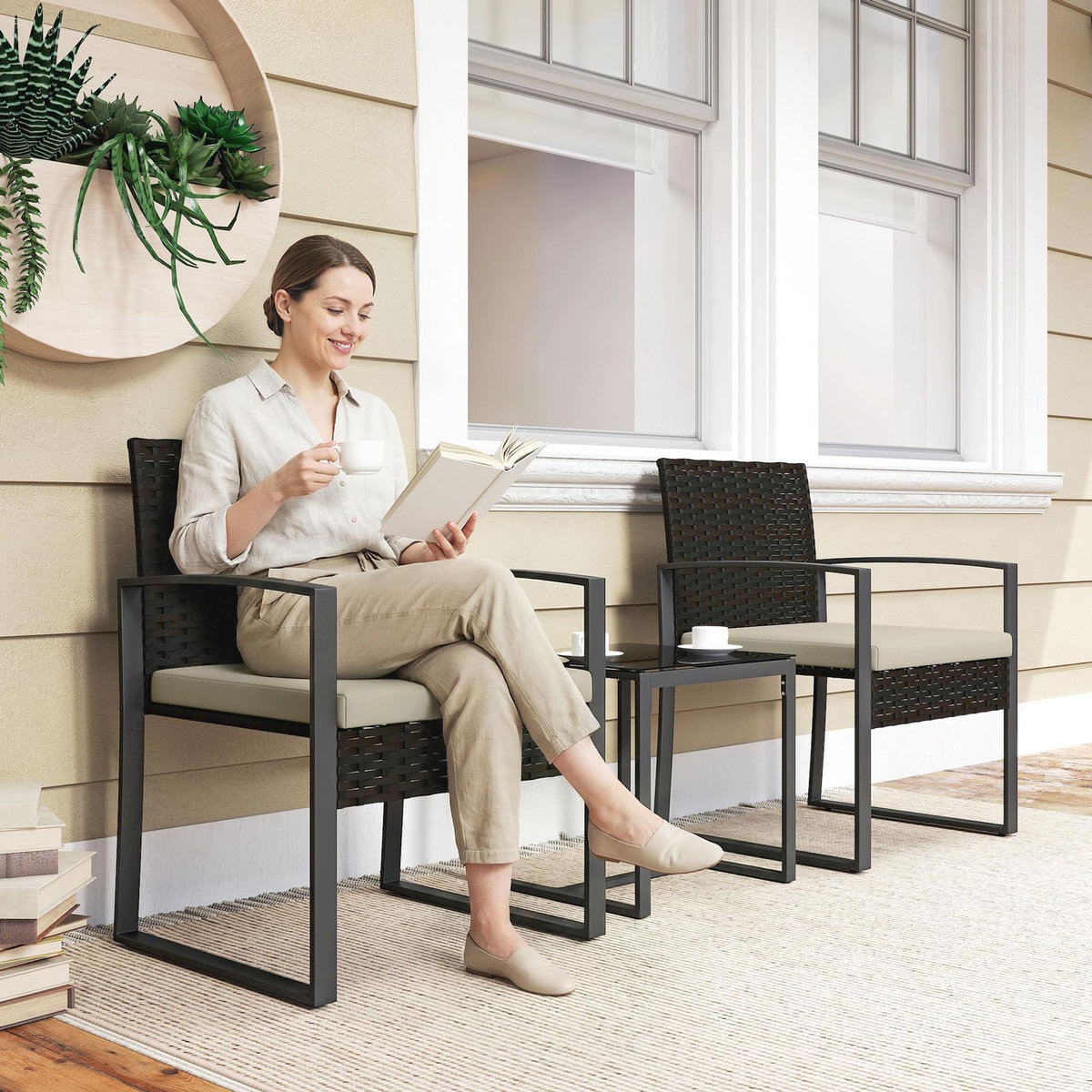 OUTSUNNY Salon de jardin 2 places 3 pièces avec coussins plateau verre trempé résine tressée 6 fils kaki