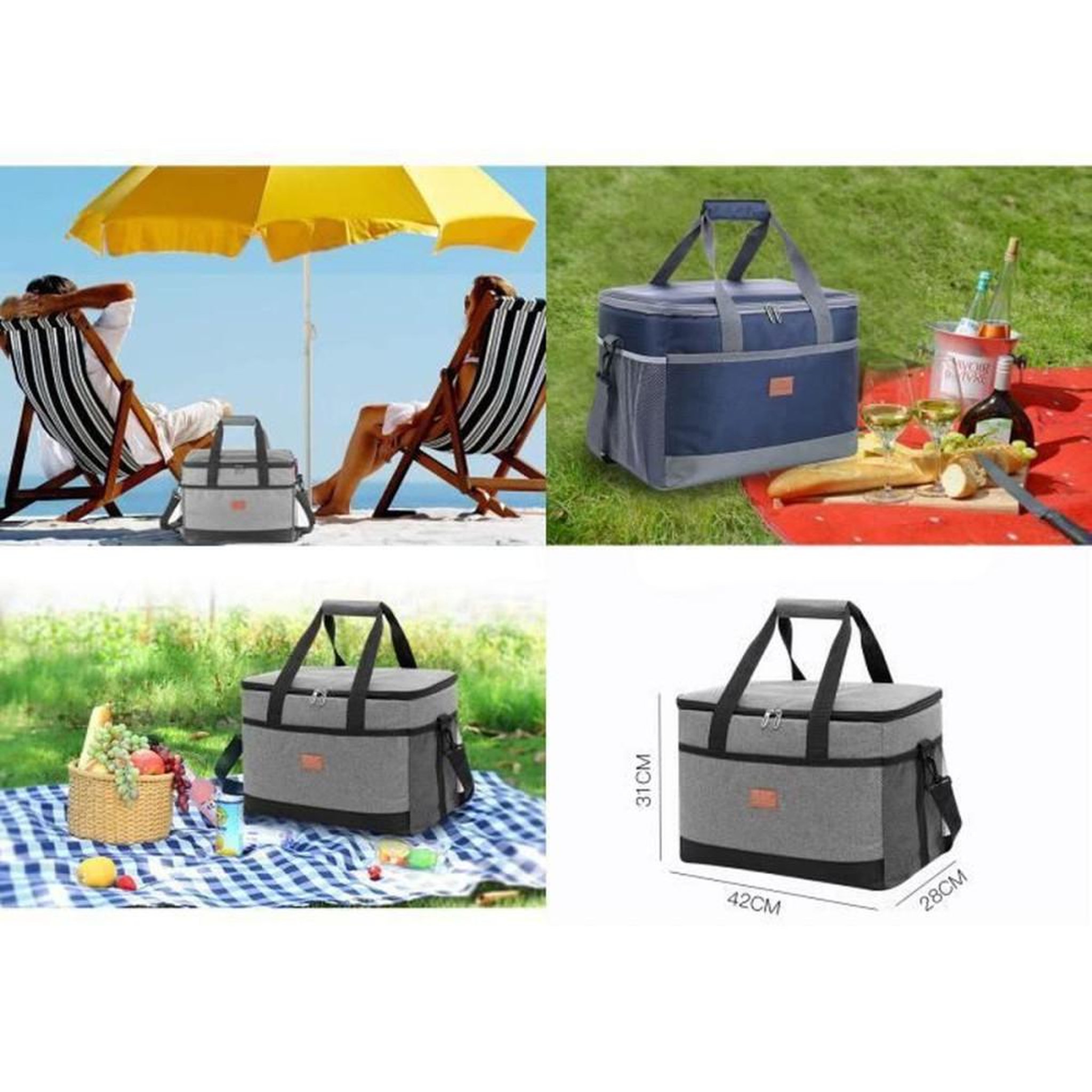 Voir la diapositive 4 : Sac isotherme pliable 32 L gris doublure PEVA 42x31x28 cm fermeture éclair ouverture large