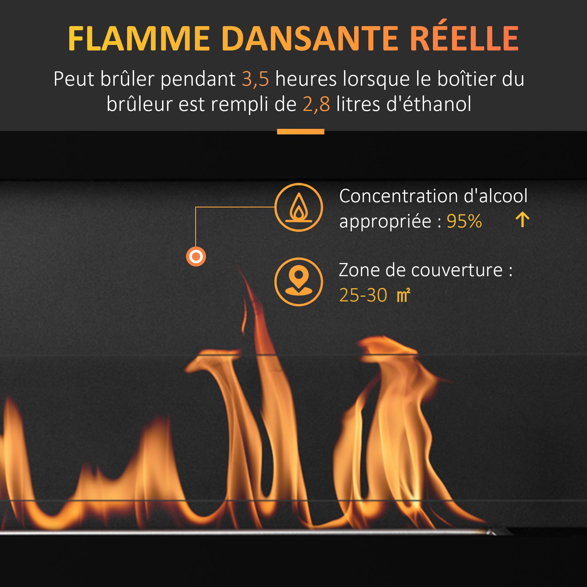 Voir la diapositive 4 : HOMCOM Cheminée bioéthanol murale design contemporain - réservoir 2,8 L couverture 30 m² - pare-feu verre trempé, kit fixation inclus - dim. 102L x 16l x 43H cm