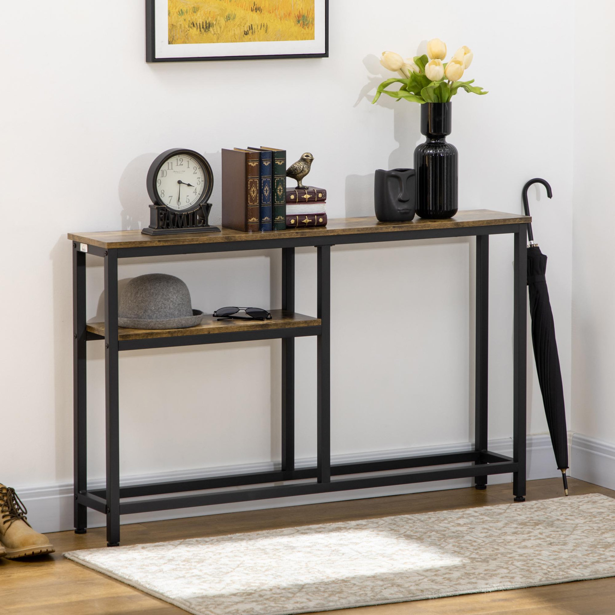 Voir la diapositive 2 : HOMCOM Console design industriel 2 étagères acier noir panneaux aspect bois vieilli