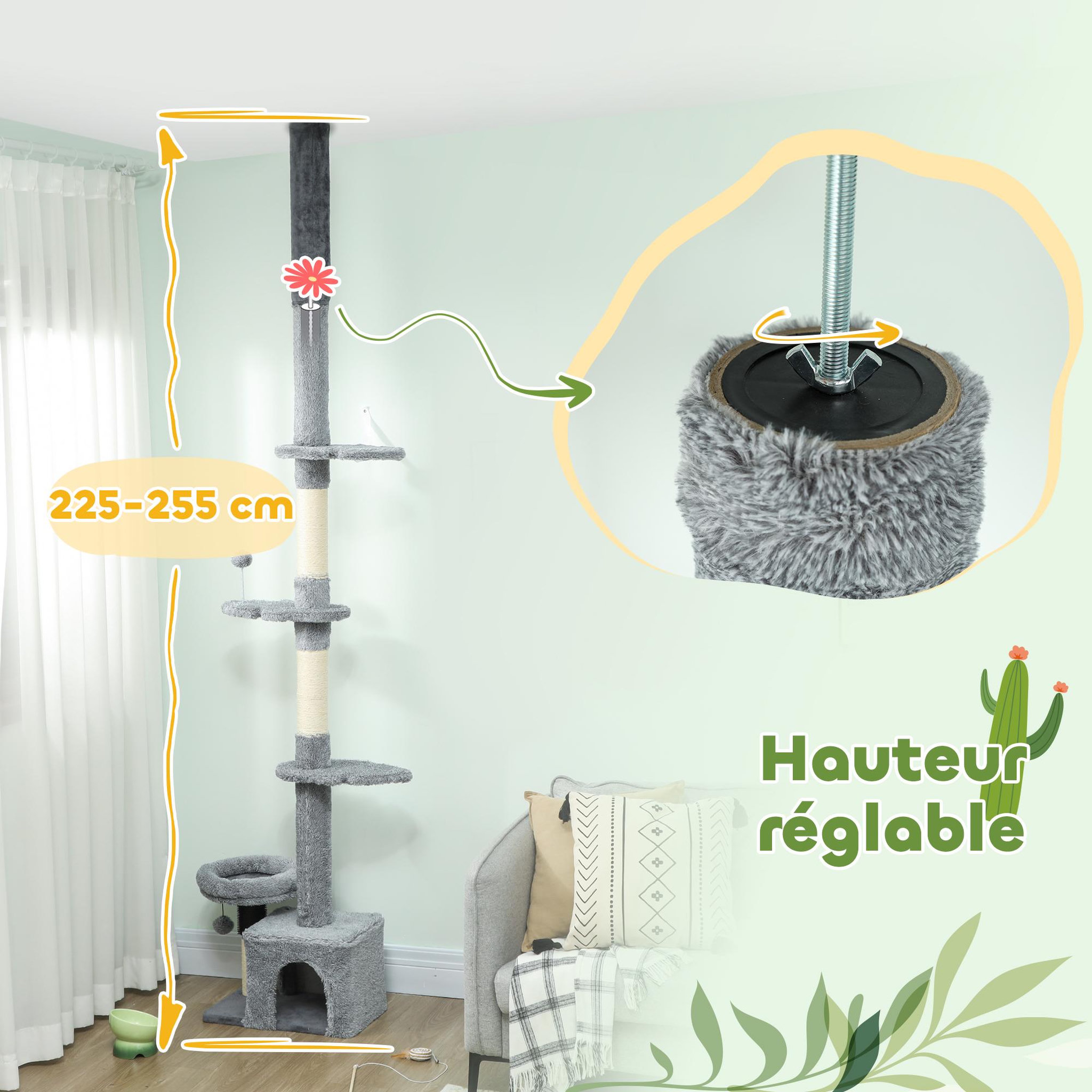 Voir la diapositive 4 : PAWHUT Arbre à chat du sol au plafond h.225-255cm - arbre à chat tour réglable - niche, plateformes, griffoirs, boules - gris
