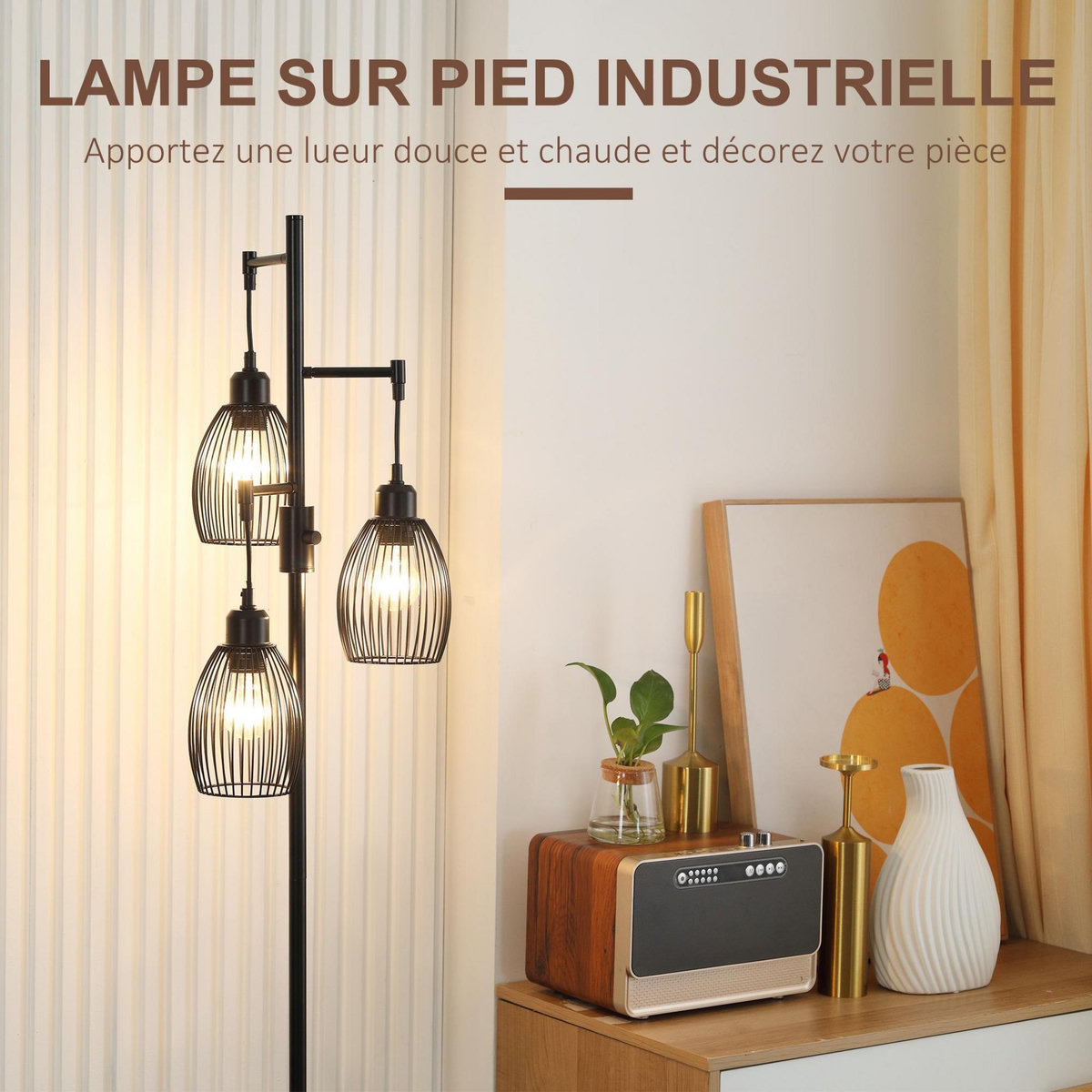 HOMCOM Lampadaire design industriel 3 têtes 40 W max. luminosité réglable métal filaire acier noir