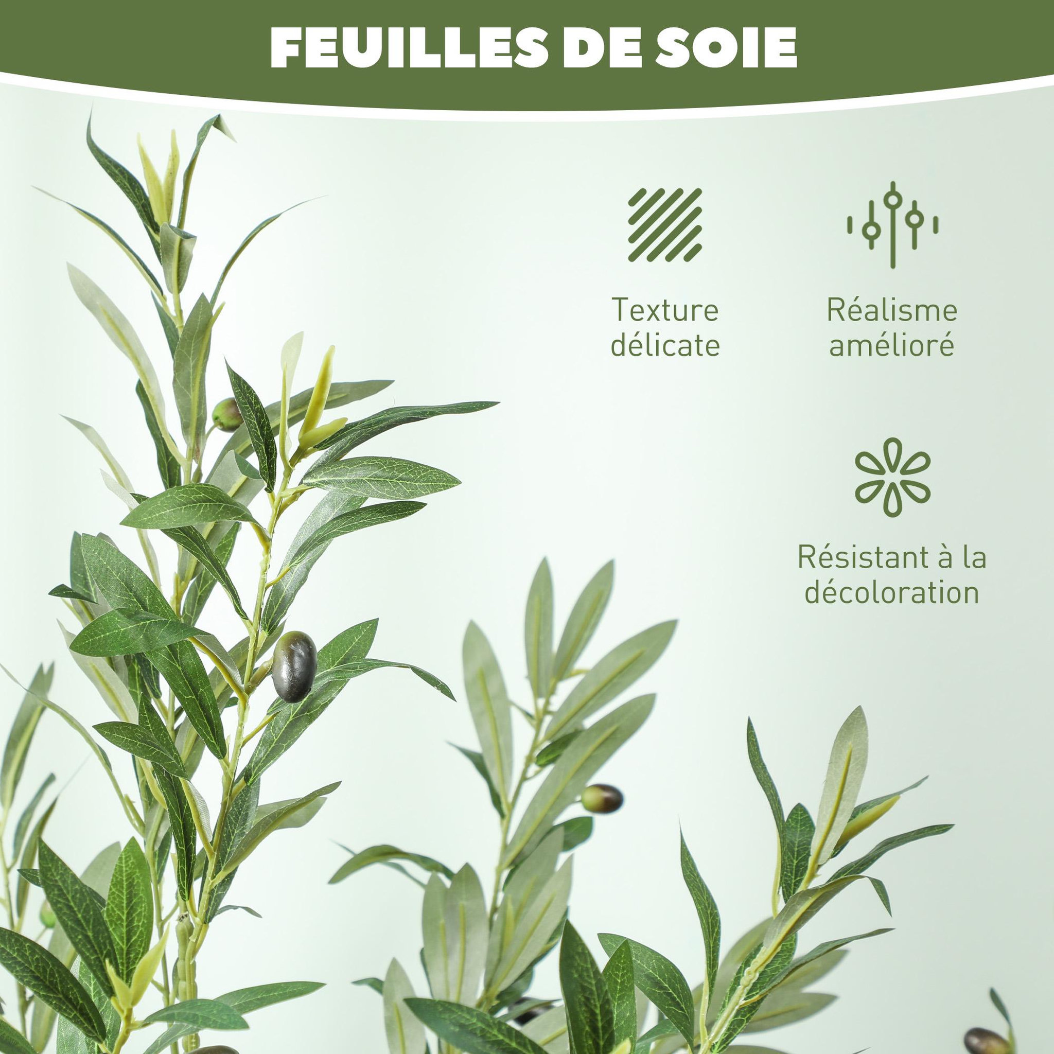 Voir la diapositive 5 : HOMCOM Olivier artificiel H.180 cm - grand réalisme - 900 feuilles en soie, 40 olives - mousse effet lichen pot inclus