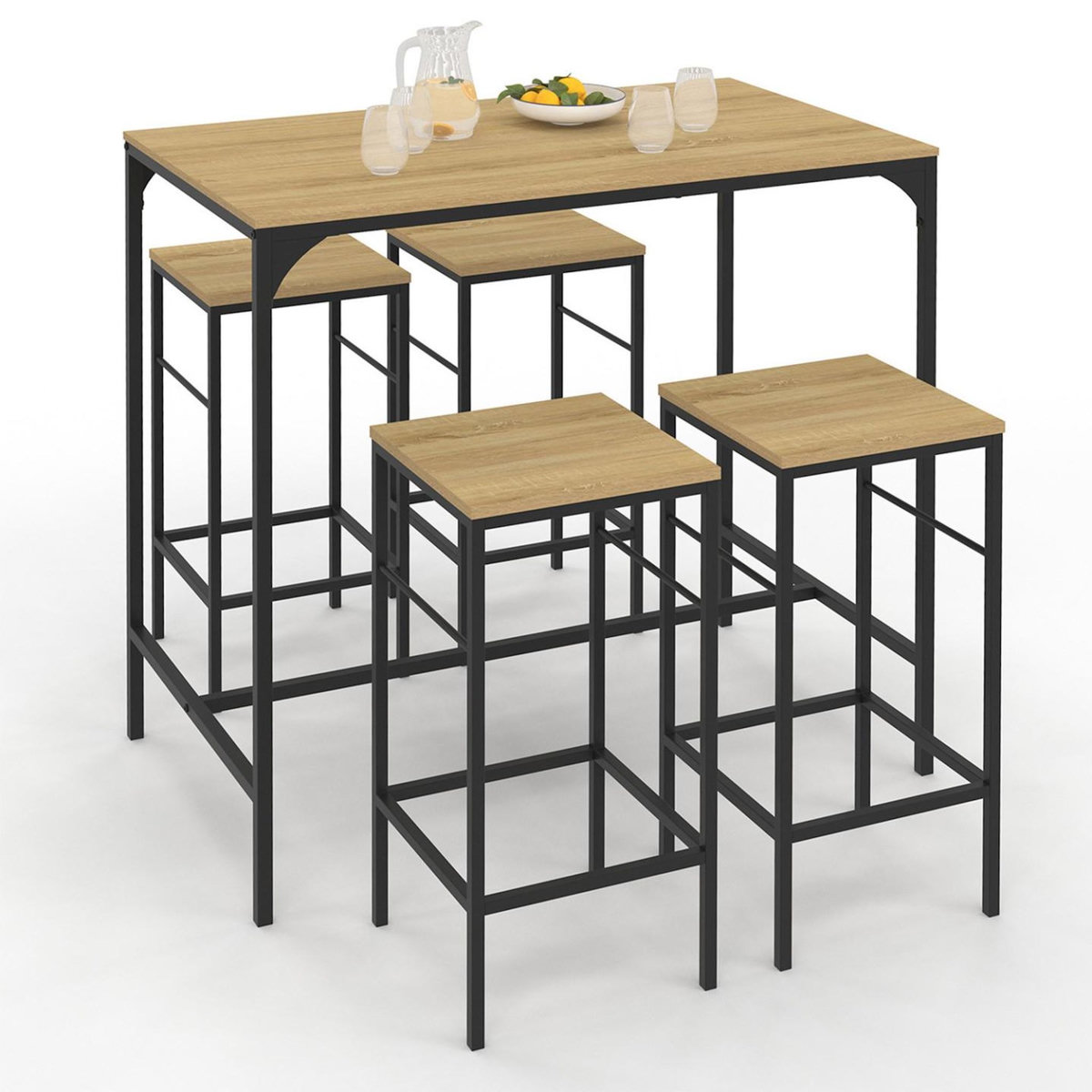 ID MARKET Ensemble table haute de bar DETROIT 100 cm et 4 tabourets bois et métal noir design industriel
