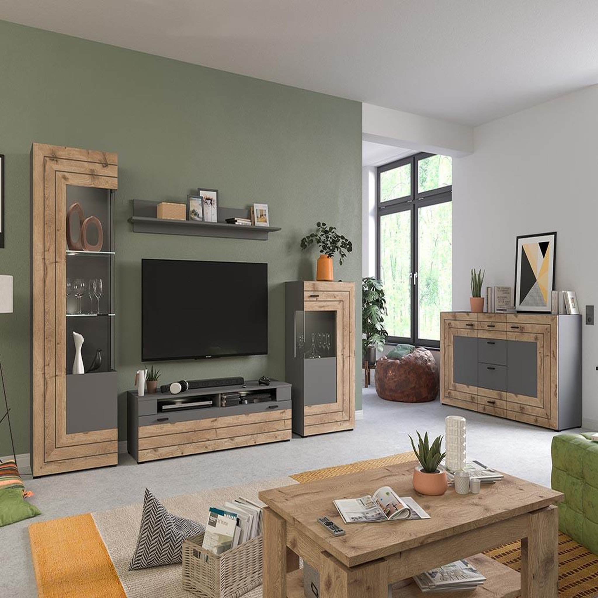 Voir la diapositive 1 : BEST MOBILIER Wexford - vitrine - gris et effet bois - 60x194 cm