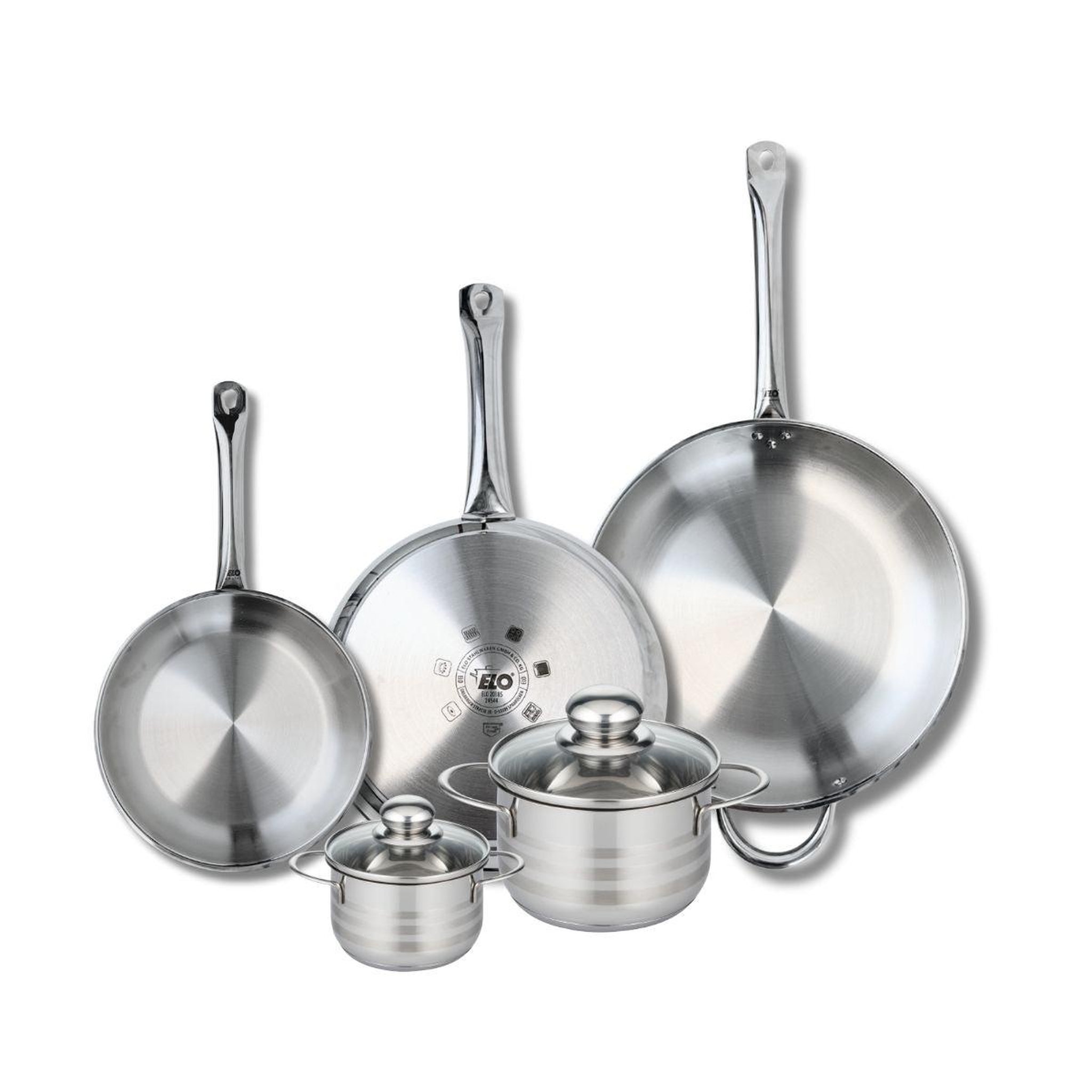 ELO Ensemble de 3 poêles de cuisson 24, 28 et 32 cm et 2 faitouts 12 et 16 cm elo profi brillant