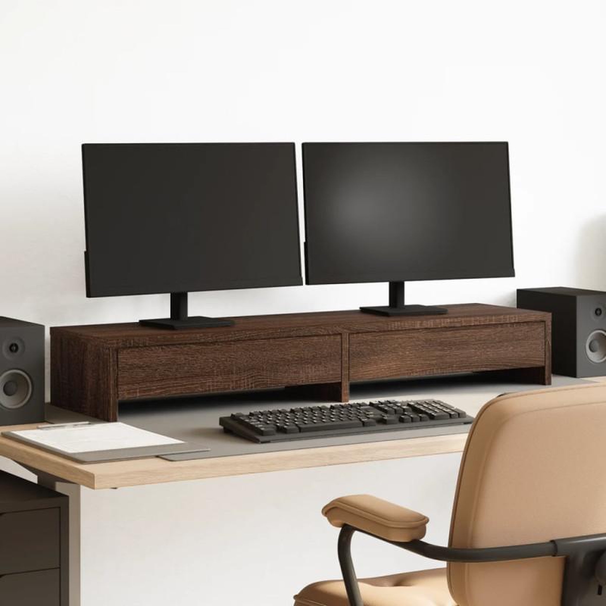 Voir la diapositive 1 : VIDAXL Support de moniteur avec tiroirs chêne marron bois d ingénierie