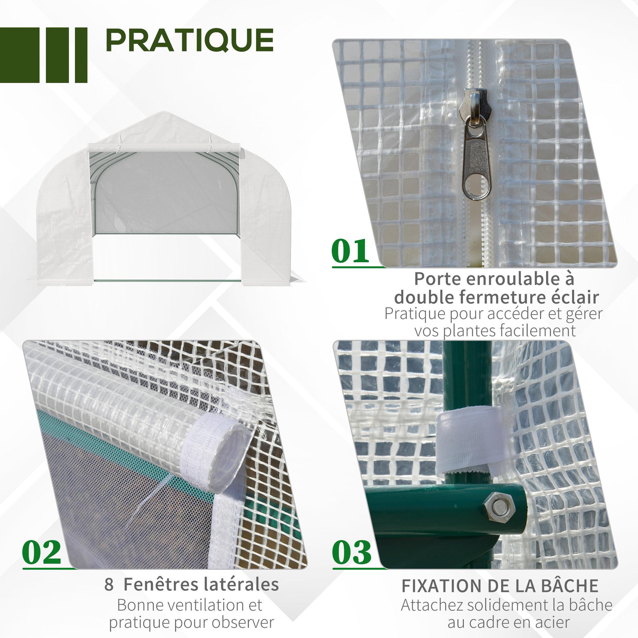 Voir la diapositive 6 : OUTSUNNY Serre tunnel de jardin dim. 5,93l x 3l x 2h m porte + 8 fenêtres enroulables acier galvanisé bâche pe haute densité blanc