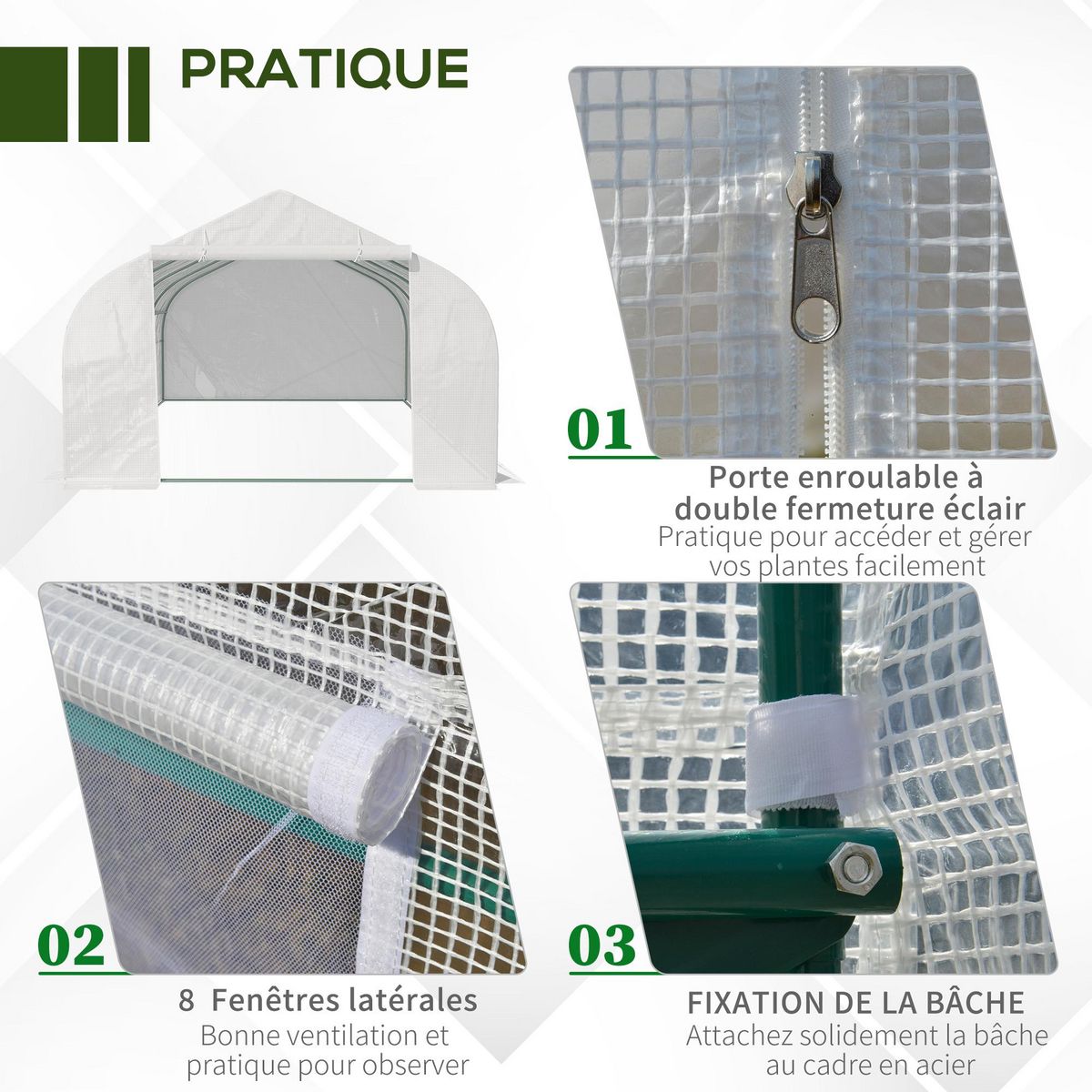 OUTSUNNY Serre tunnel de jardin dim. 5,93L x 3l x 2H m porte + 8 fenêtres enroulables acier galvanisé bâche PE haute densité blanc