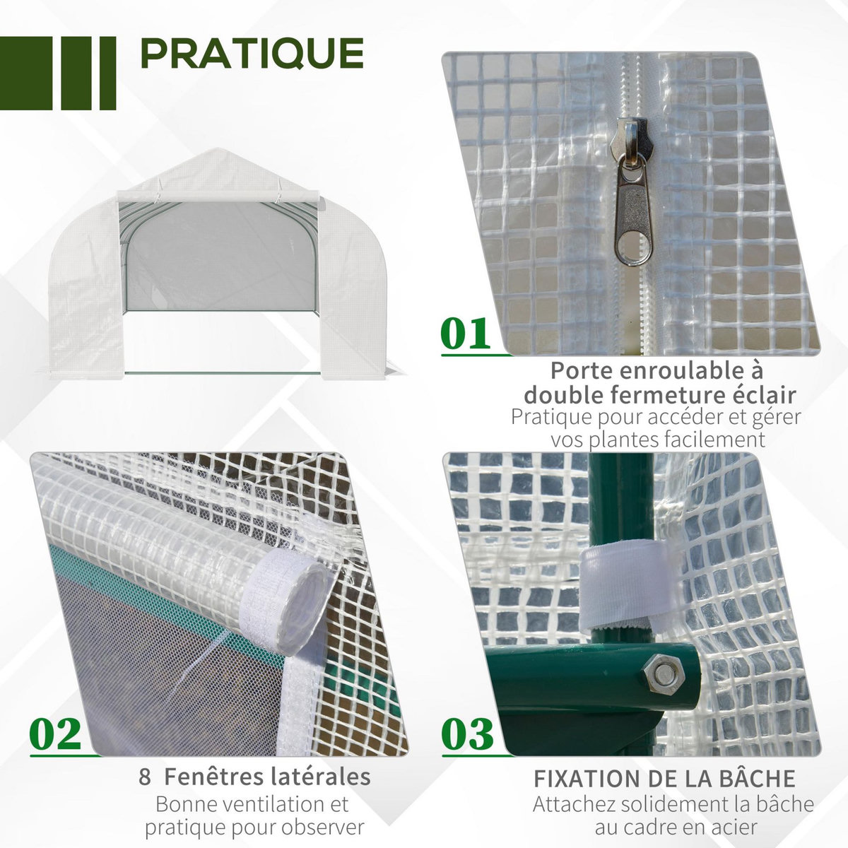 OUTSUNNY Serre tunnel de jardin dim. 5,93L x 3l x 2H m porte + 8 fenêtres enroulables acier galvanisé bâche PE haute densité blanc
