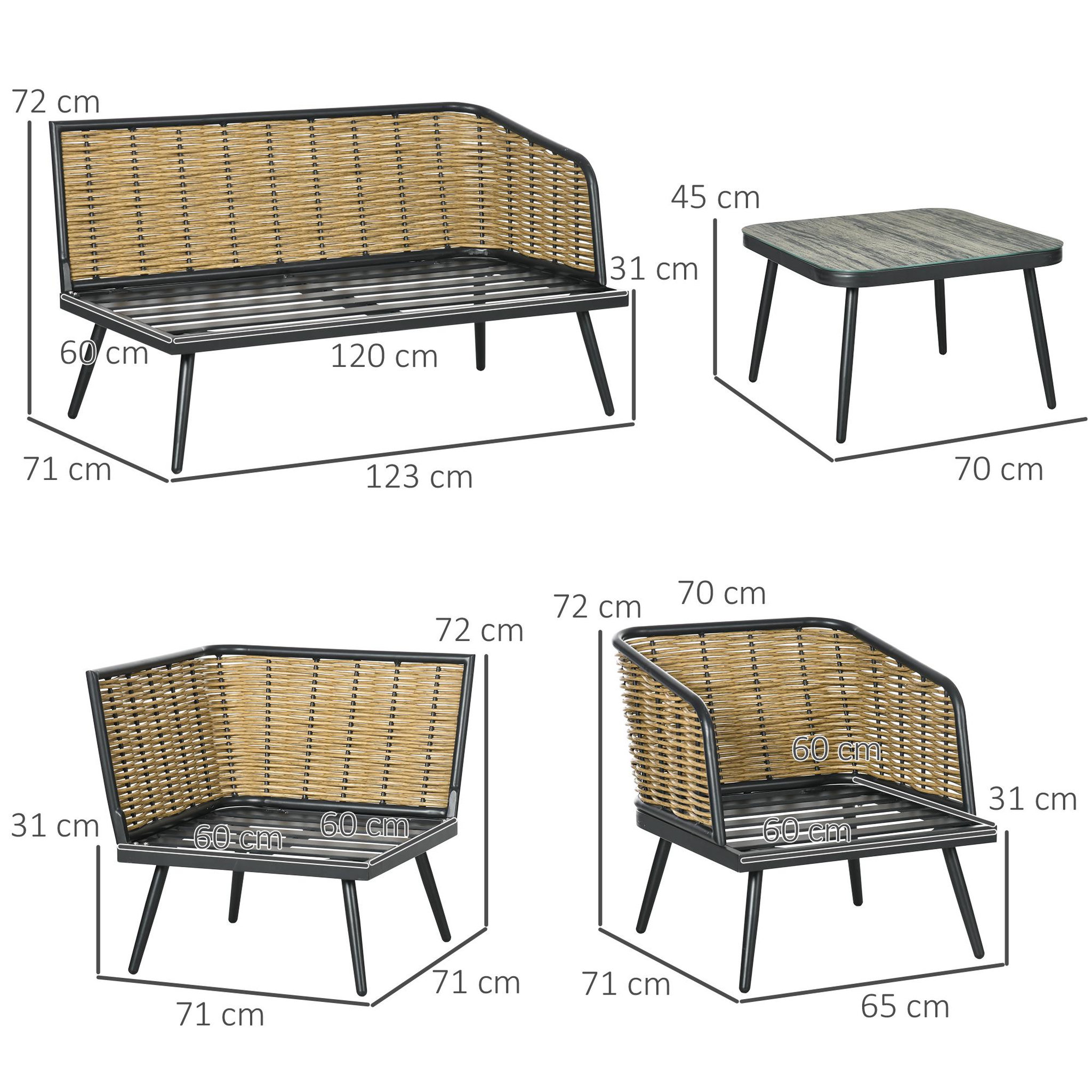 Voir la diapositive 3 : OUTSUNNY Ensemble salon de jardin d'angle style colonial 6 places 5 pièces coussins gris alu. noir résine tressée aspect rotin