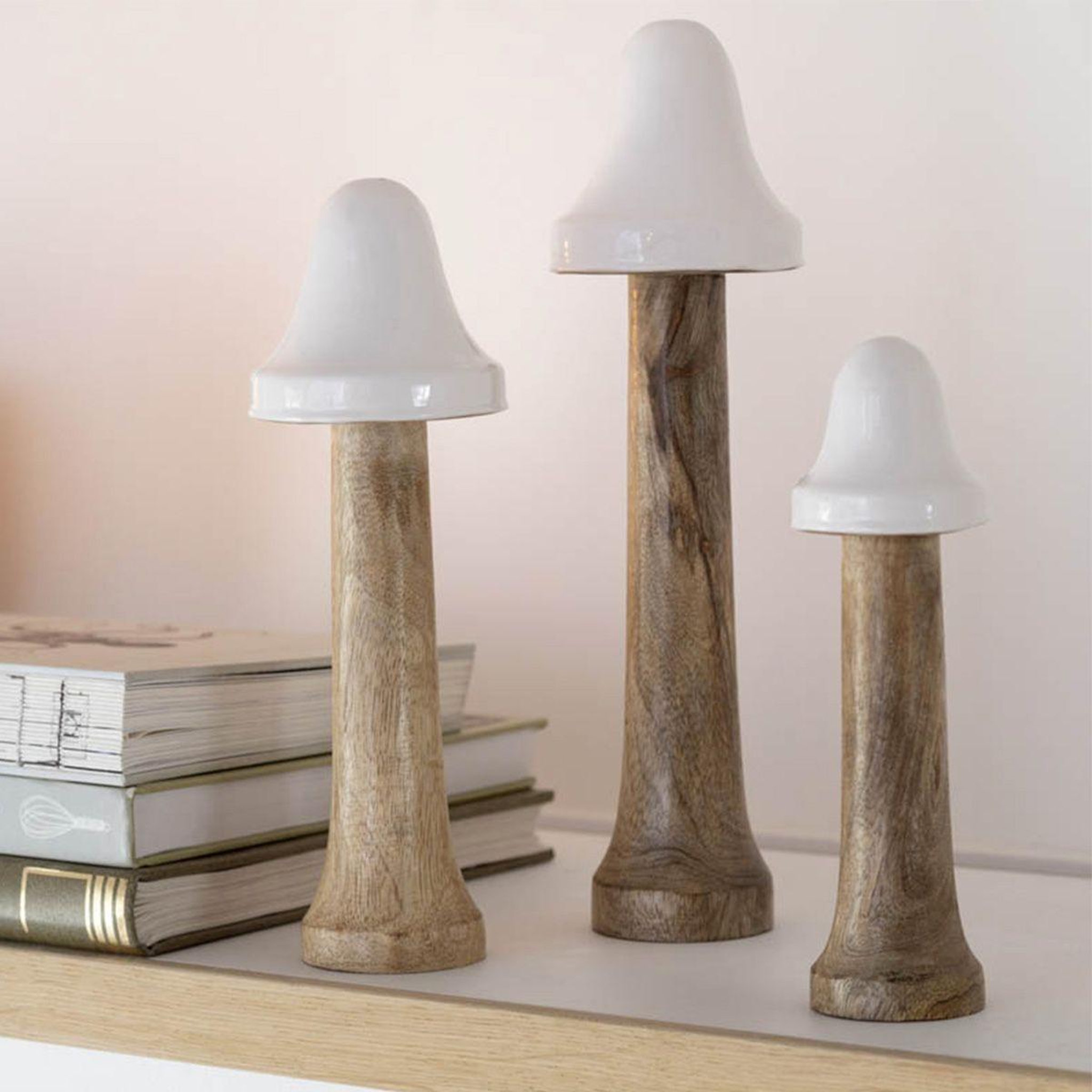 Voir la diapositive 2 : J-LINE Lot de 3 champignons  fins  30cm naturel & blanc