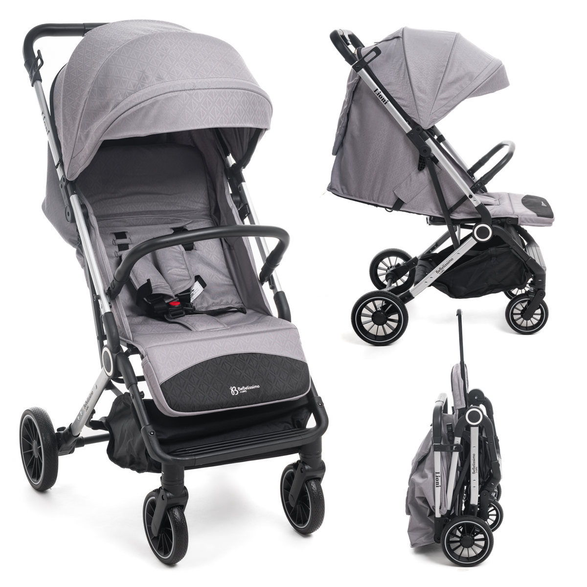 BEBELISSIMO Poussette Bébé Canne Ultra Compacte – Légère – Pliage à Une Main – Guidon Valise – Lioni - gris