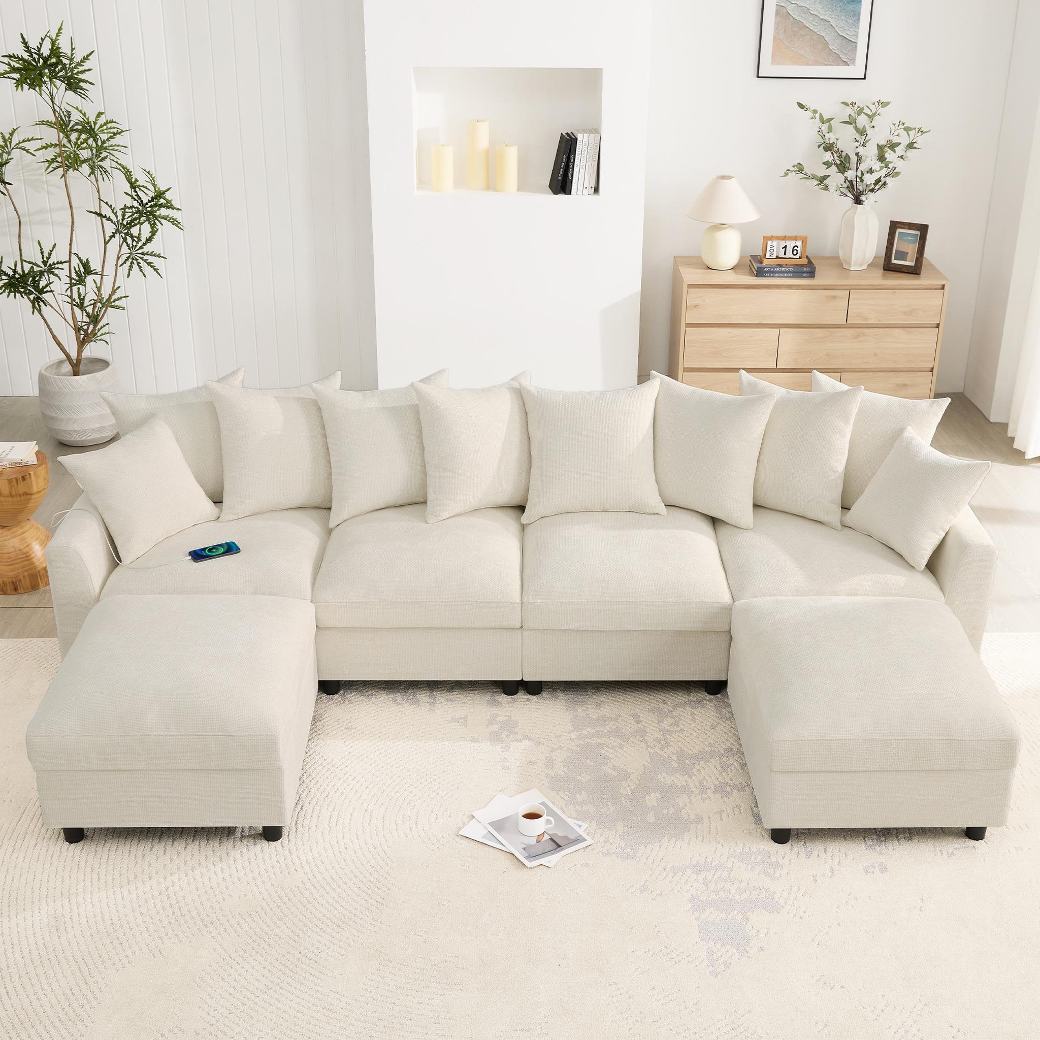 Voir la diapositive 2 : MERAX Canapé d'angle modulable 6 places u/l avec 2 poufs usb type-c tissu chenille