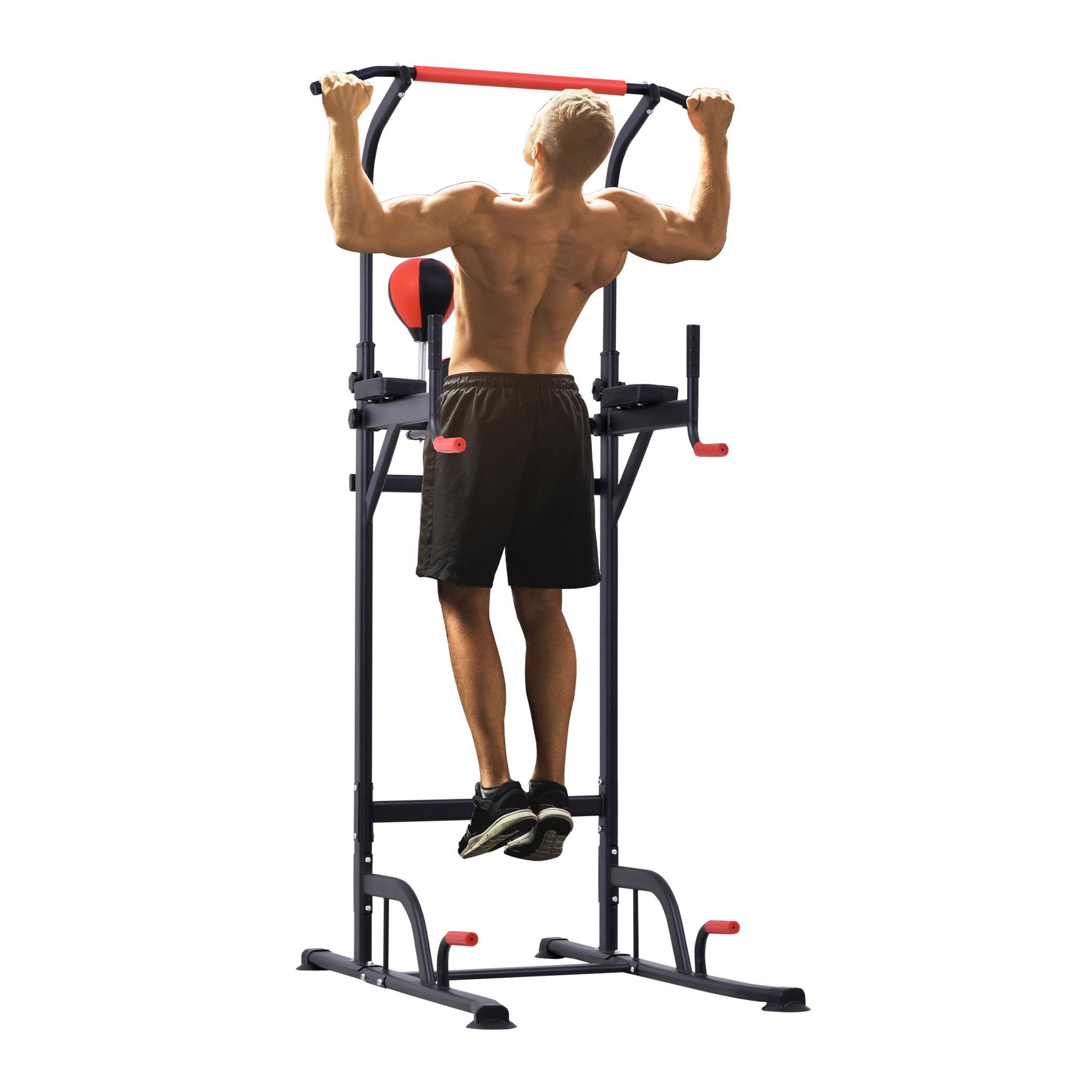 Voir la diapositive 3 : HOMCOM Station de traction musculation multifonctions punching ball chaise romaine hauteur réglable acier noir rouge