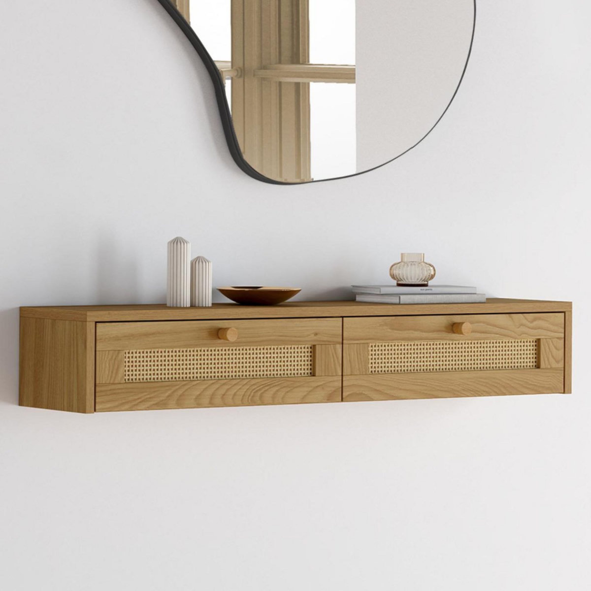 ID MARKET Etagère murale console d'entrée HANAE 2 tiroirs effet naturel cannage