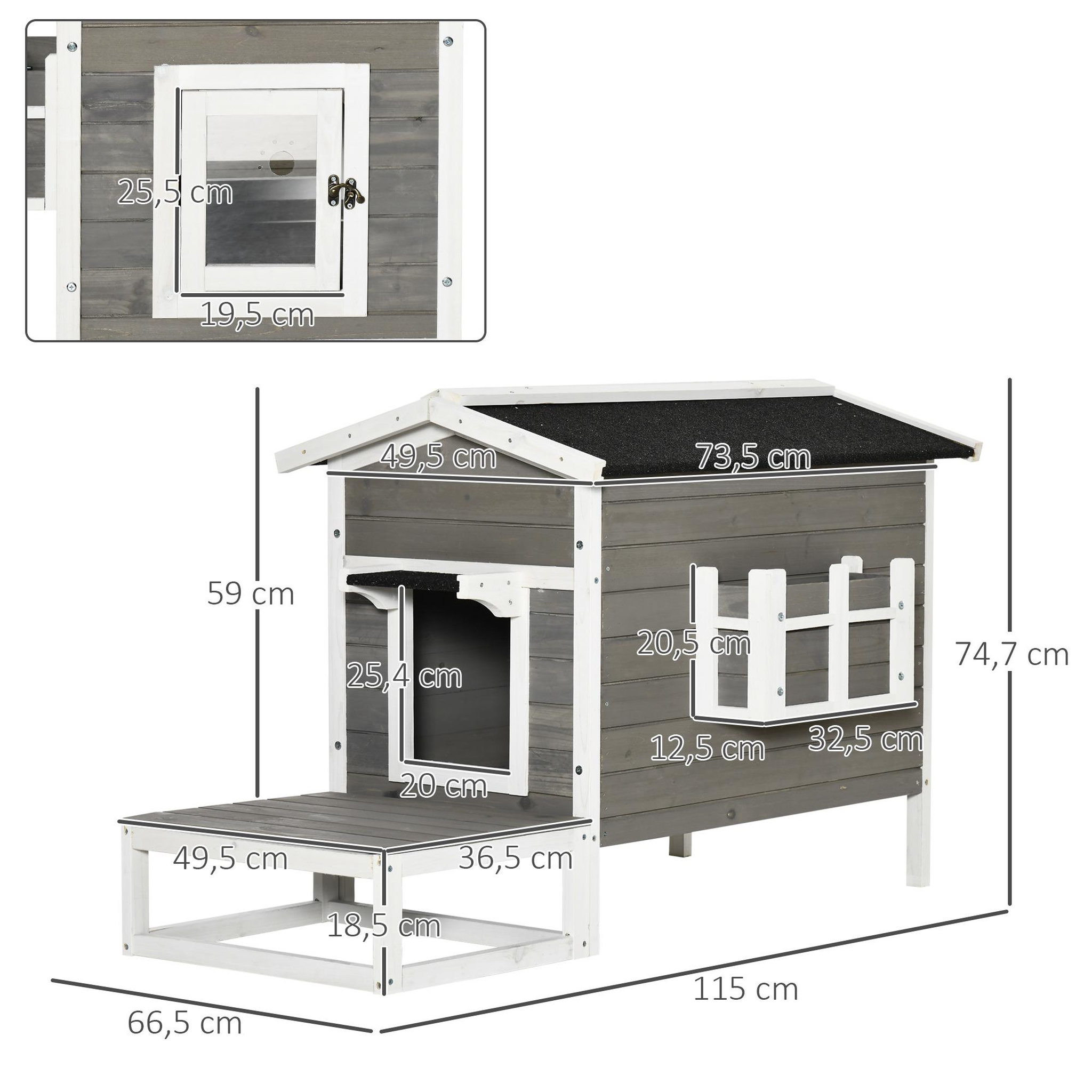 Voir la diapositive 3 : PAWHUT Maison lodge sur pied - niche villa chat petit chien - terrasse, toit bitumé, jardinière, 2 portes - bois sapin pré-huilé peint