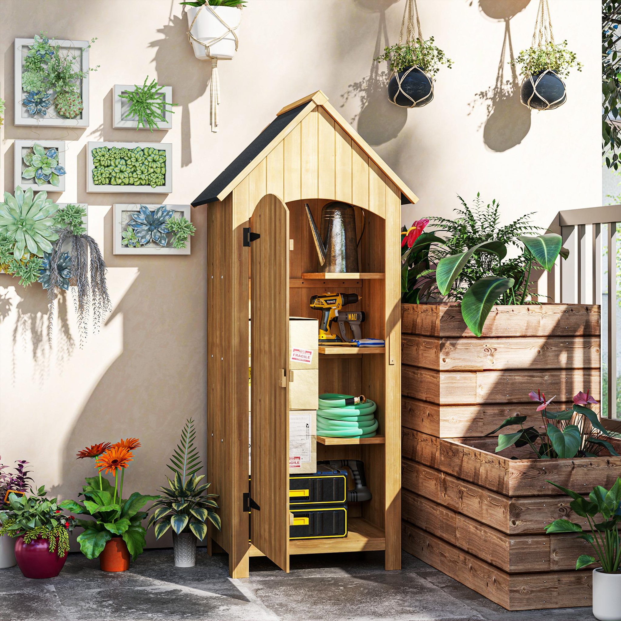 Voir la diapositive 4 : OUTSUNNY Armoire abri de jardin remise pour outils 3 étagères porte loquet toit pente bitumé dim. 77L x 54l x 179H cm bois sapin pré-huilé