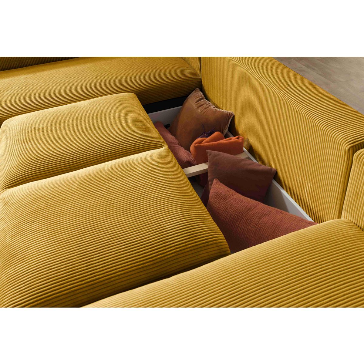 LISA DESIGN Livy - canapé panoramique convertible - avec coffre - en velours côtelé - 7 places - gauche