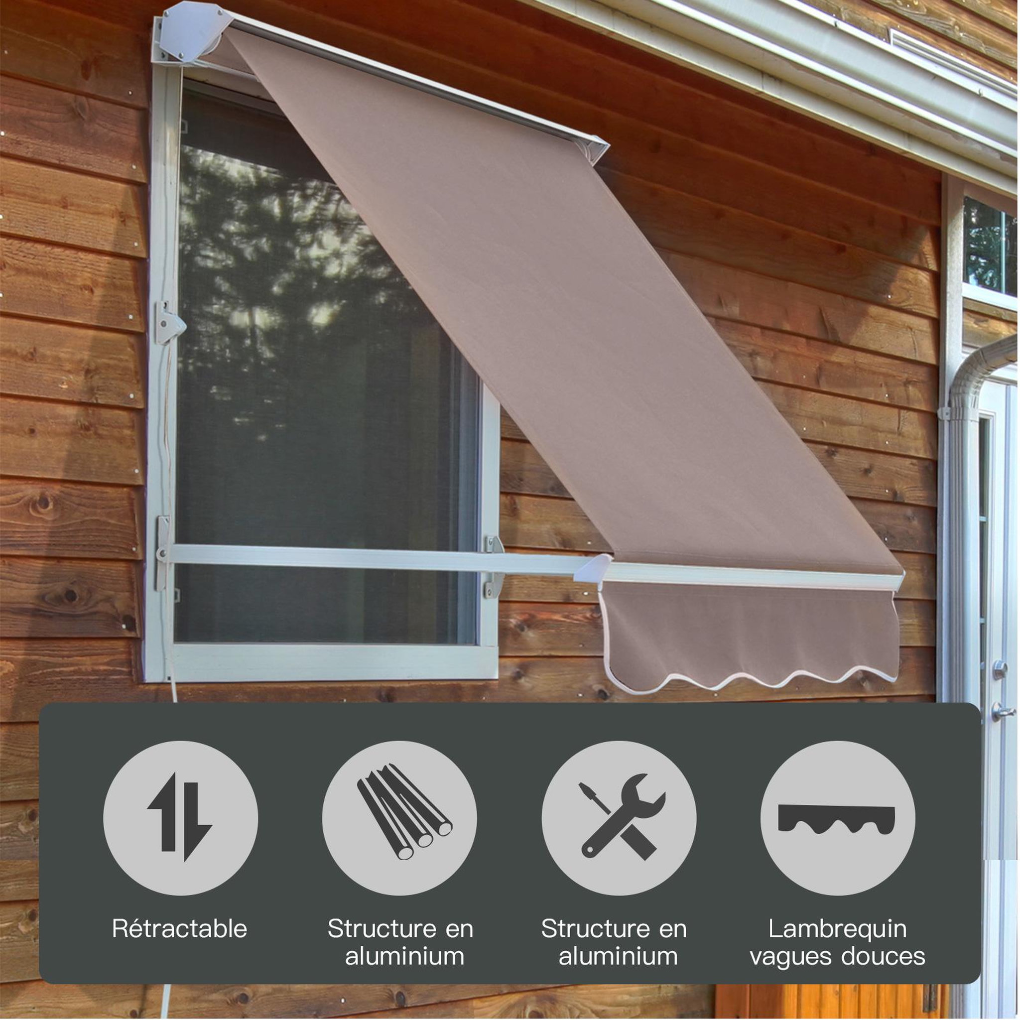 Voir la diapositive 4 : OUTSUNNY Store banne manuel inclinaison réglable aluminium polyester imperméabilisé 70L x 180l cm taupe clair
