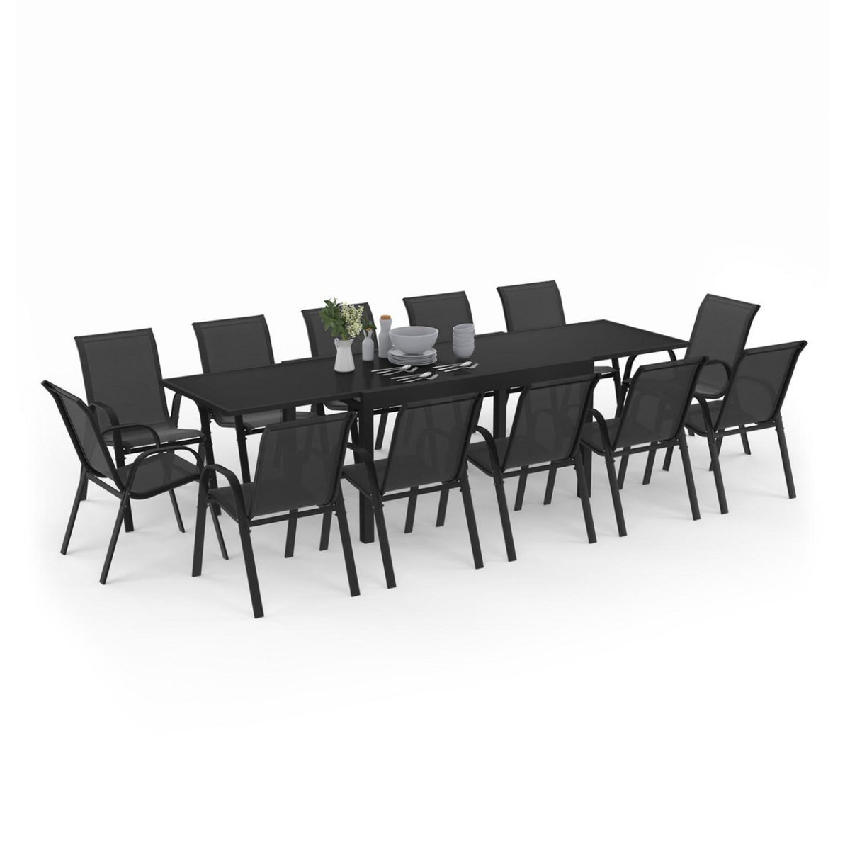ID MARKET Salon de jardin MADRID table extensible 135-270 CM et 12 chaises empilables noir